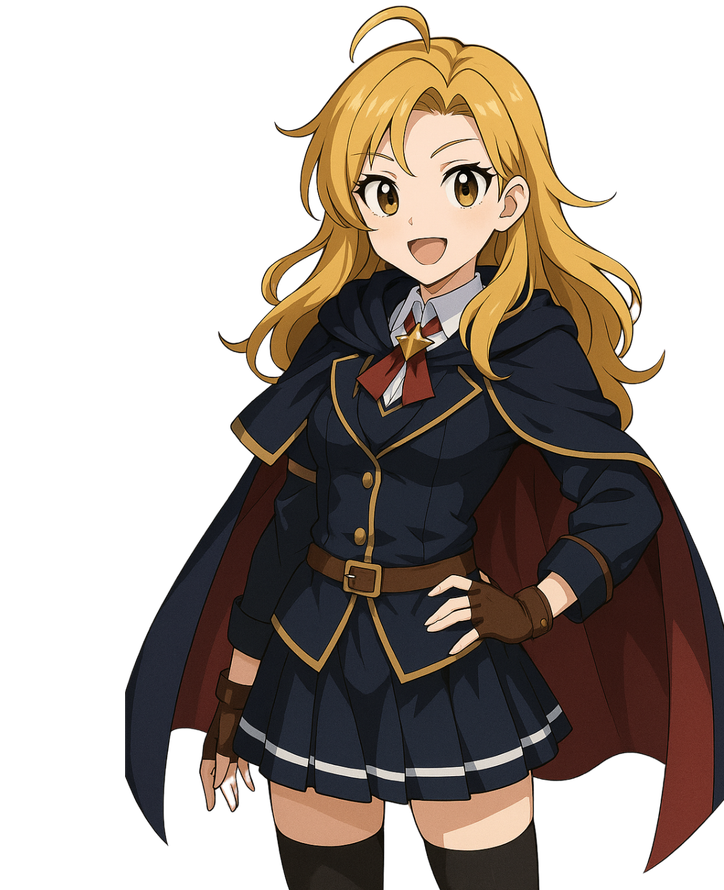 A blonde anime girl in a school uniform smiles, wearing a cape, dark blue jacket, skirt, and boots.