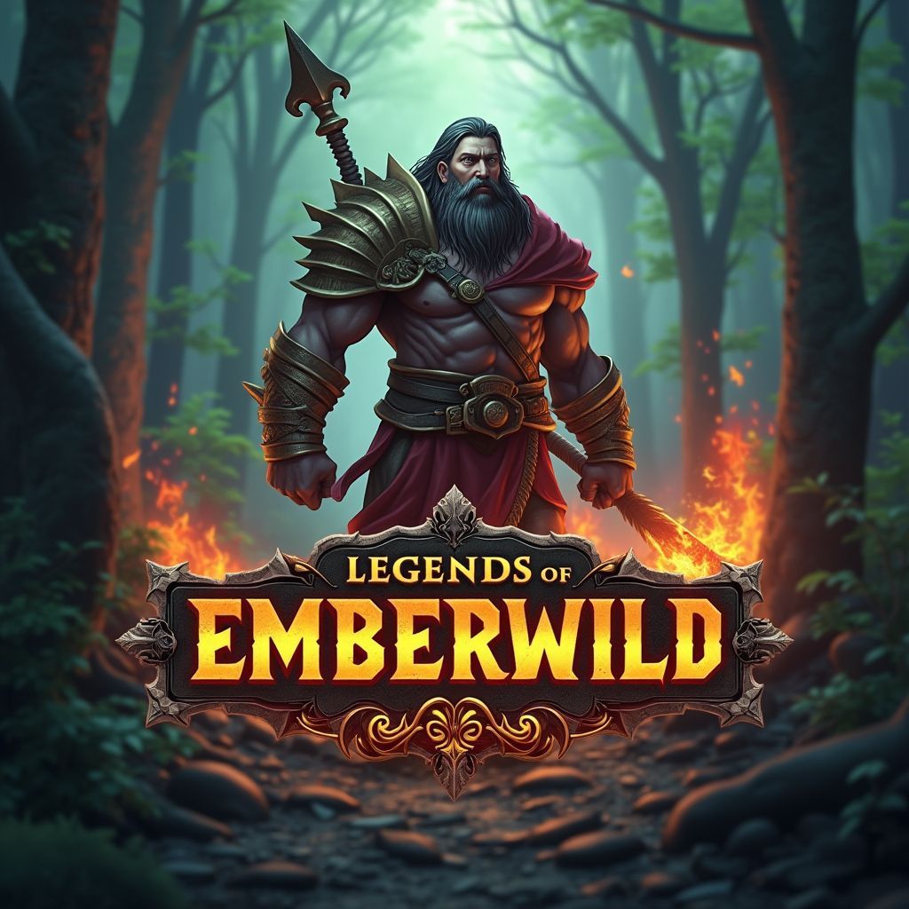 A muscular warrior with a spear stands in a forest, above the 