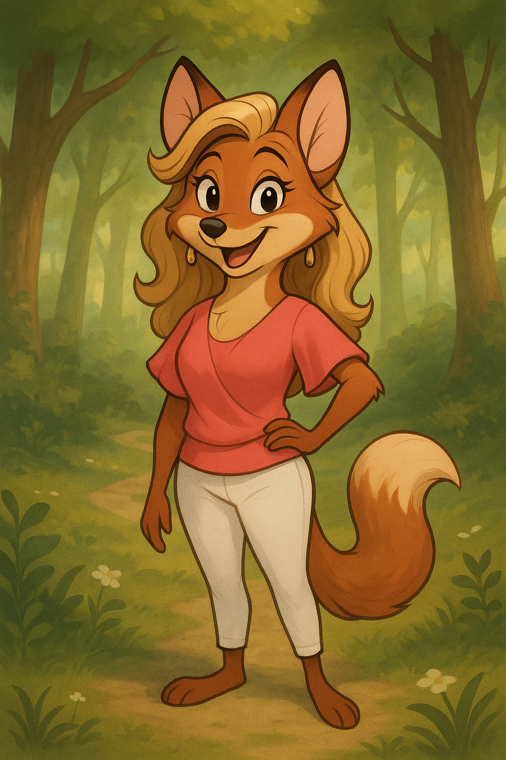 Cartoon fox woman with blonde hair in a pink top and white pants, in a forest setting.