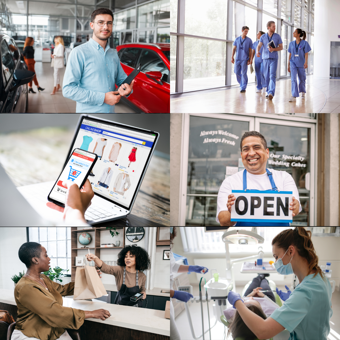 Individuals in a car dealership, hospital, online shopping, a business with an 