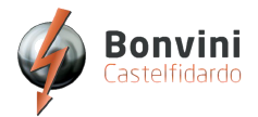 Logo Bonvini Castelfidardo con sfera nera e fulmine arancione