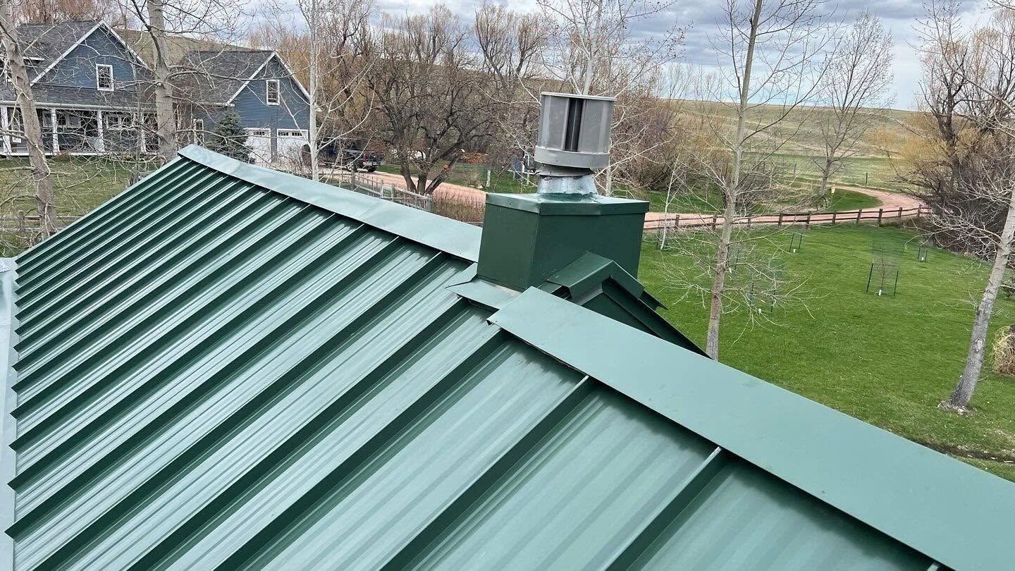Green metal roof with chimney vent, viewed from above in a rural backyard setting