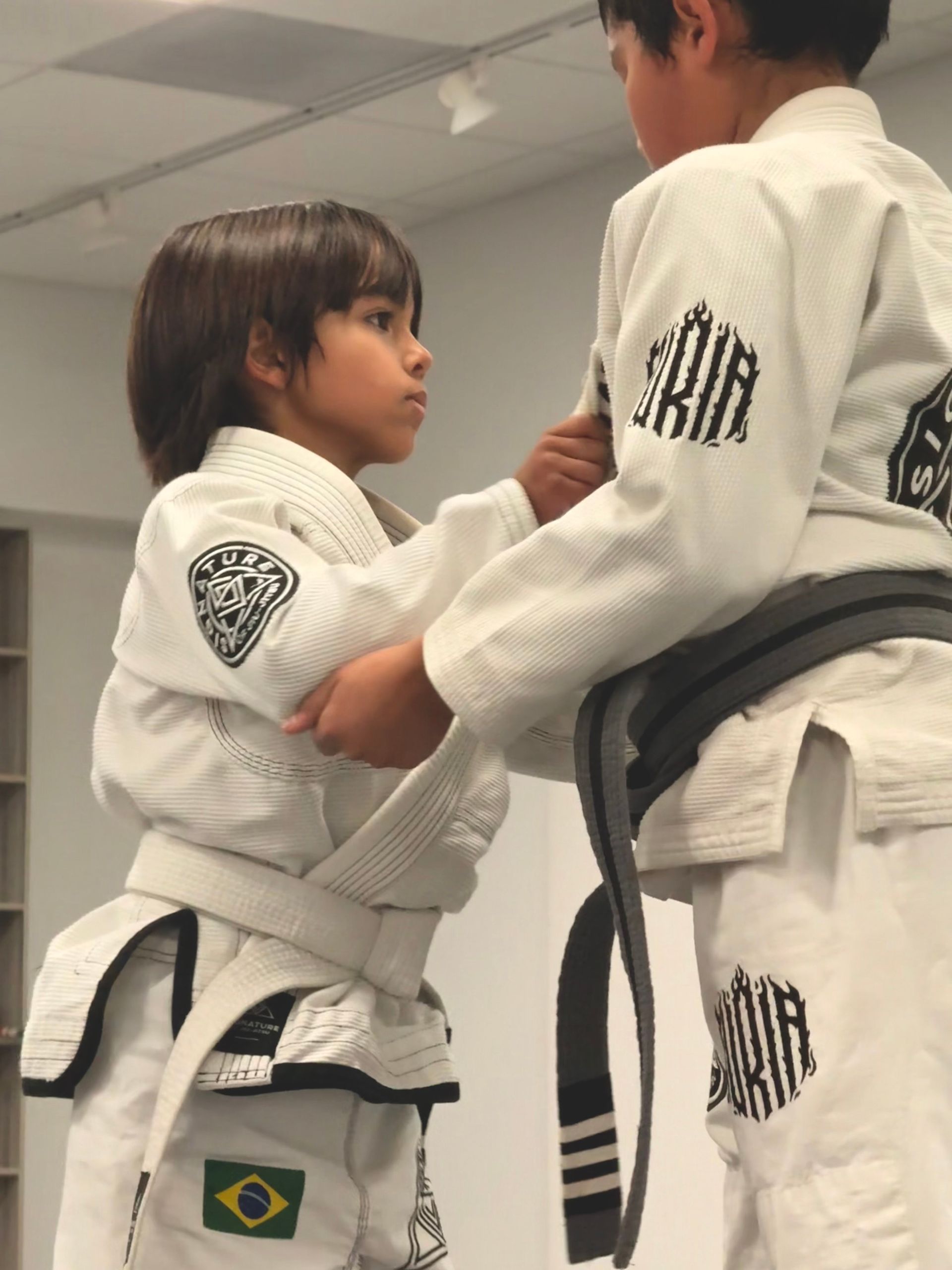 Kids practicing partner drills at Signature of Jiu-Jitsu in Belmont, CA, building confident communication and respect.