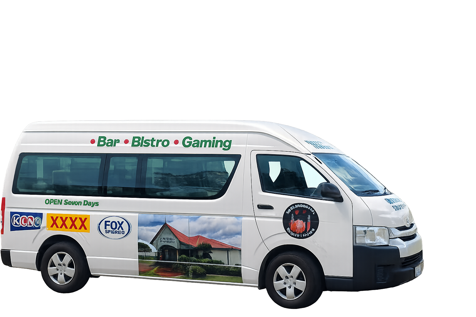 White Promotional Van With Branding and Restaurant — Maryborough Cricket Club In Maryborough, QLD