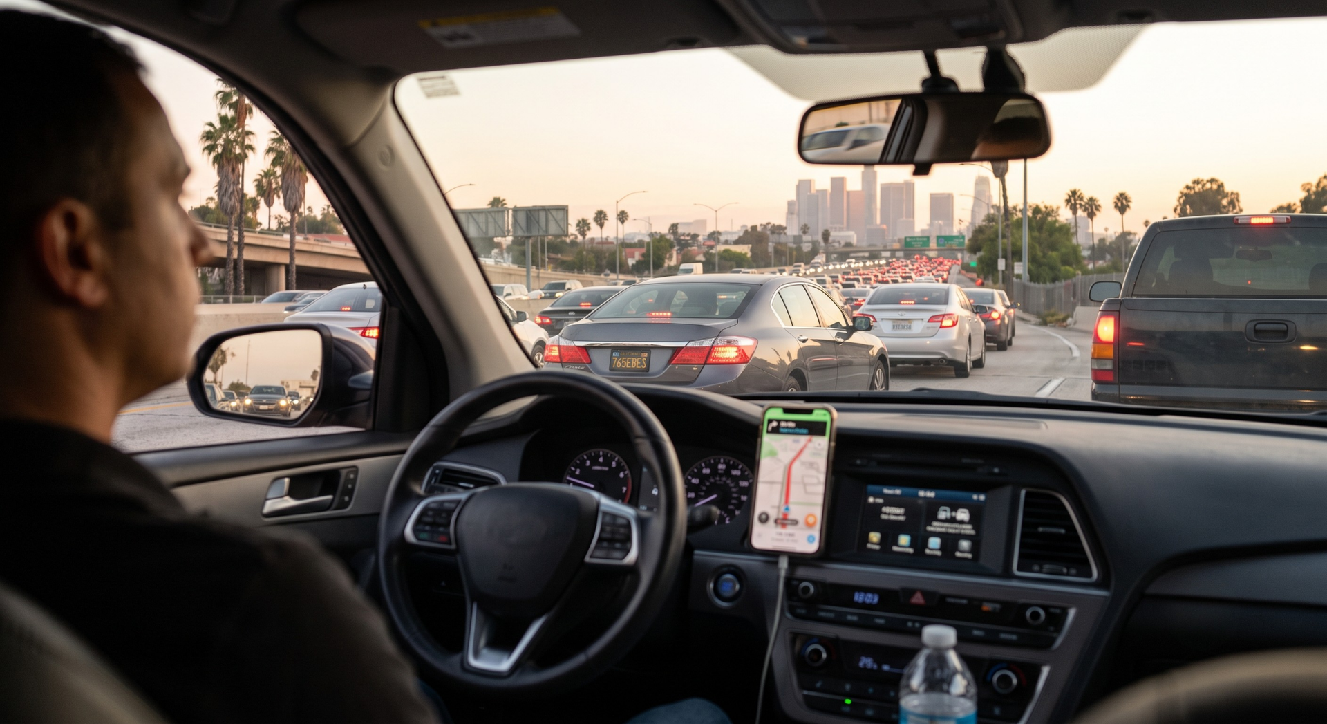 Driver’s view of heavy traffic at dusk, with a phone mounted on the dashboard and cars ahead