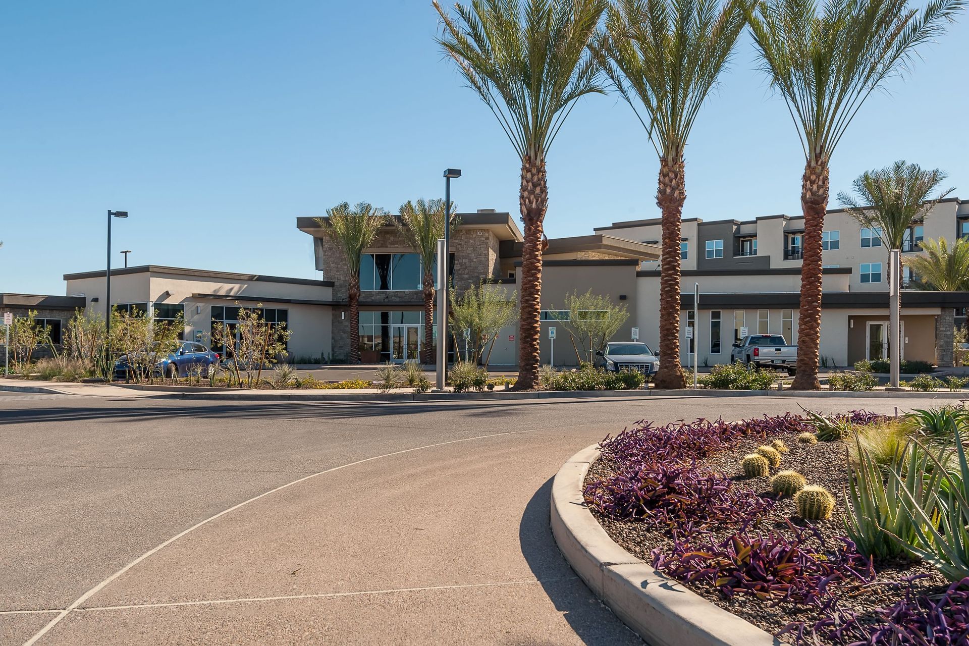 A building with palm trees in front of it