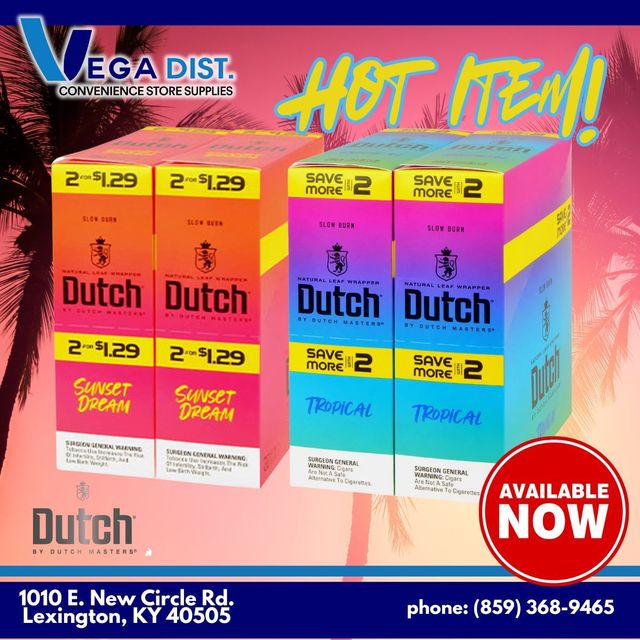 Advertisement for Dutch cigars: two boxes of Sweet Dream and Tropical flavors, with store info and "Available Now" badge.