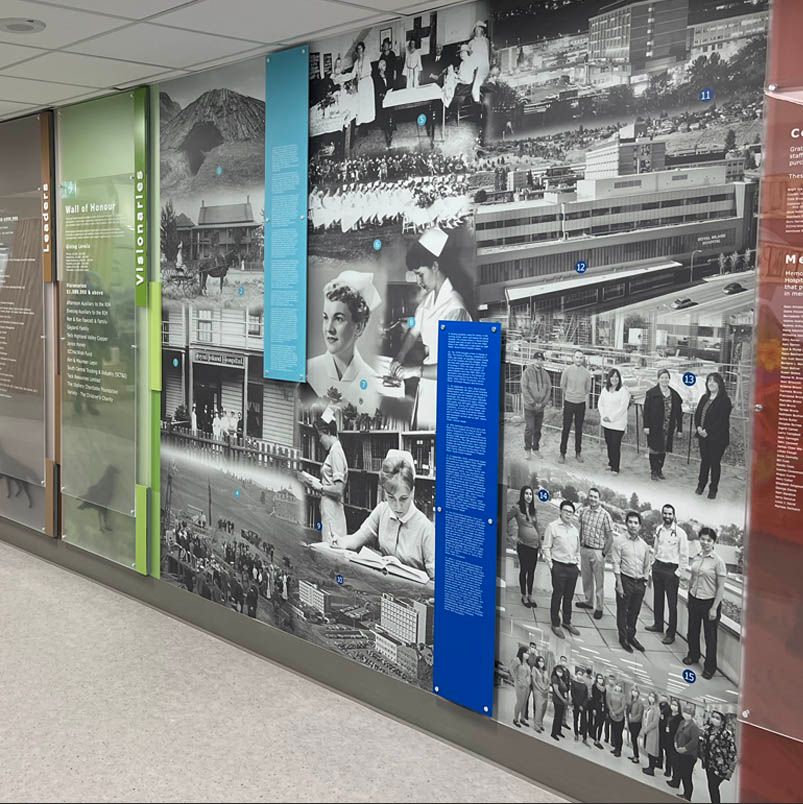 A wall with a collage of pictures and a sign that says ' victoria ' on it