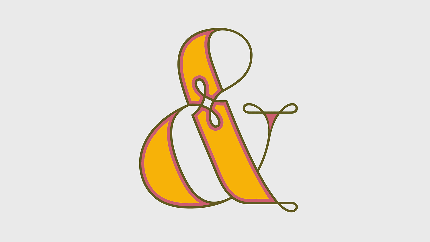 Stylized orange ampersand with yellow and white accents on a light gray background