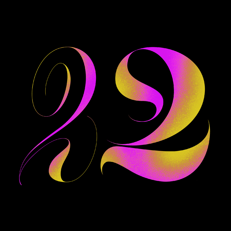 The number 22 in a stylized, calligraphic font featuring a purple-to-yellow gradient on a solid black background.