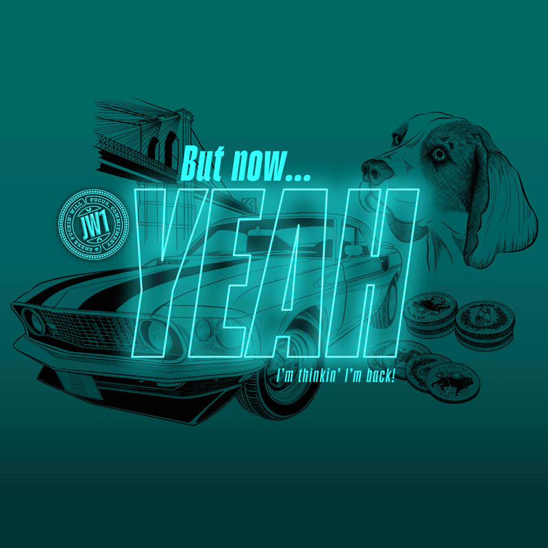 A neon-style graphic featuring a vintage muscle car, a dog, a bridge, and coins with the text 