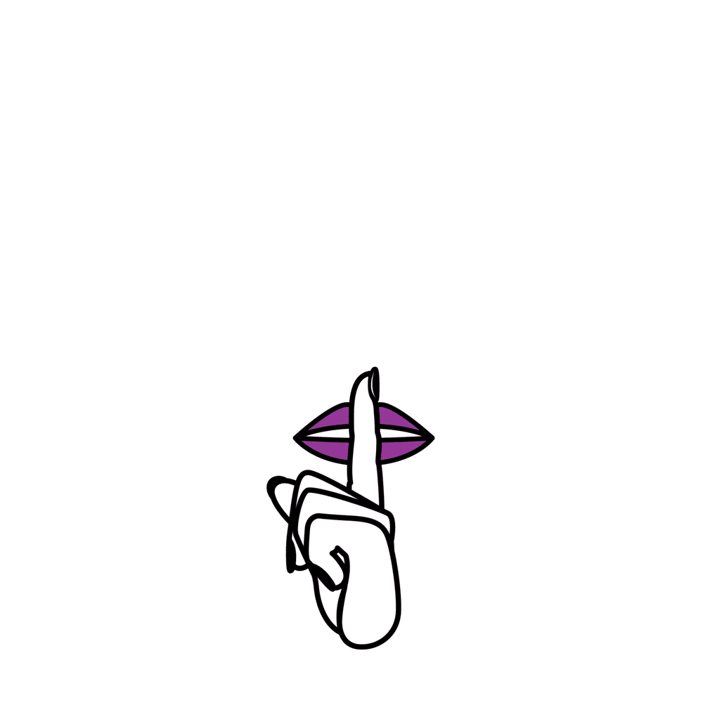 Finger to lips in a “shh” gesture with purple lips icon