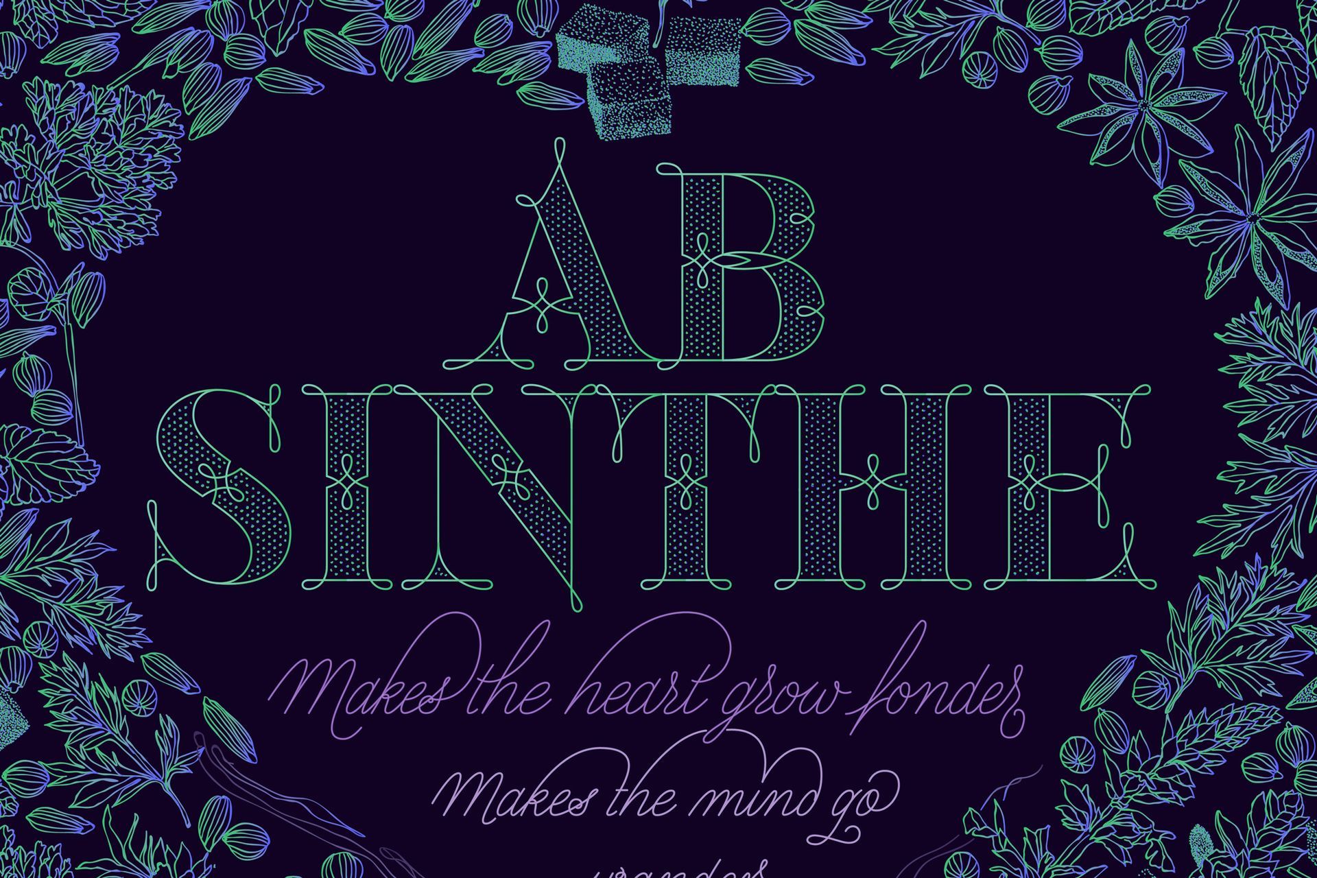 Floral purple title graphic reading “Ab in the Sinthe” with a decorative border and script subtitle.