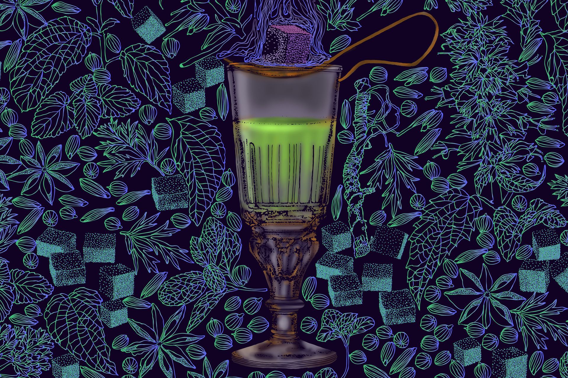 A glowing green decorative lamp on a stand against a dark floral patterned background.