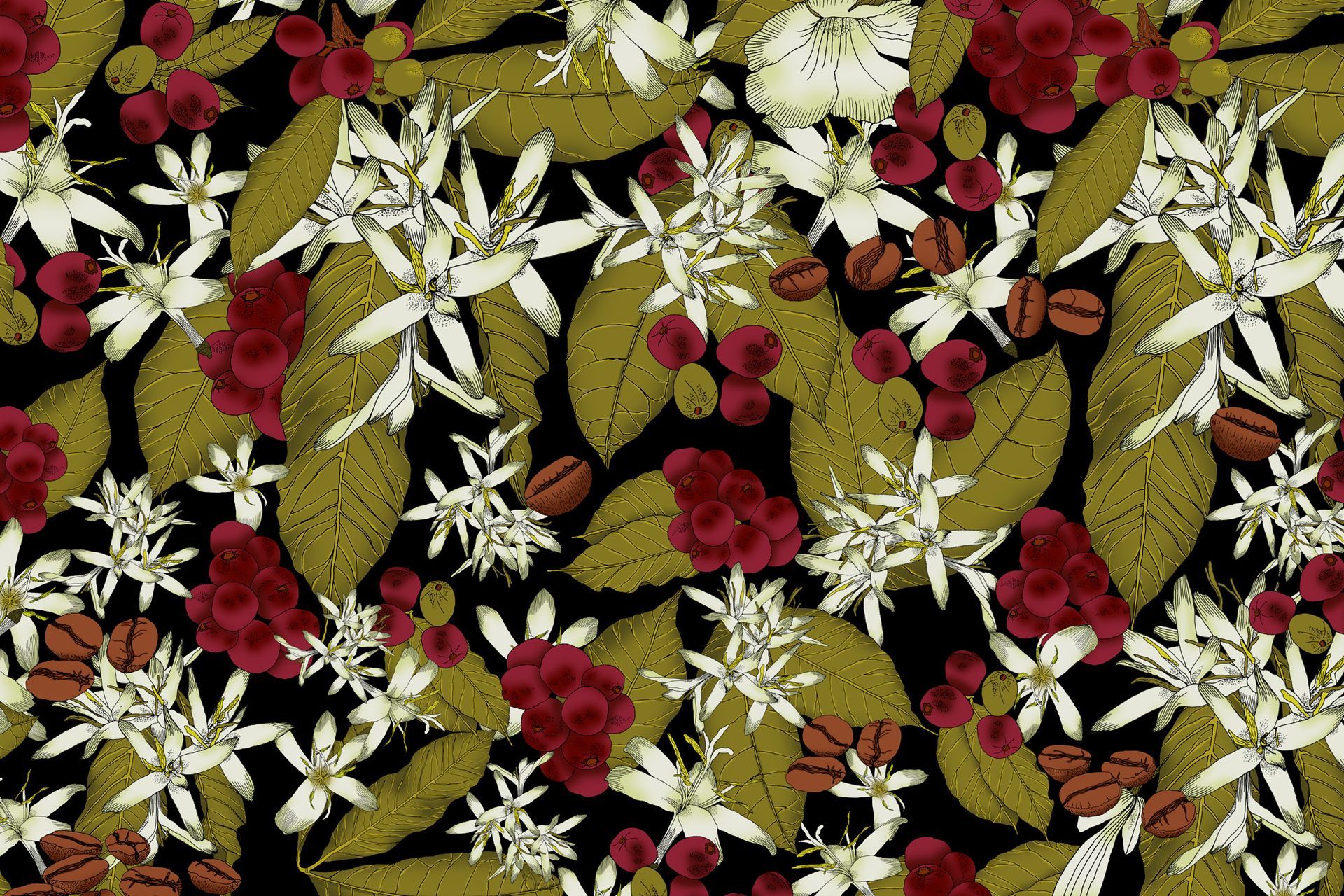 Dark floral pattern with red, white, and olive green flowers on a black background