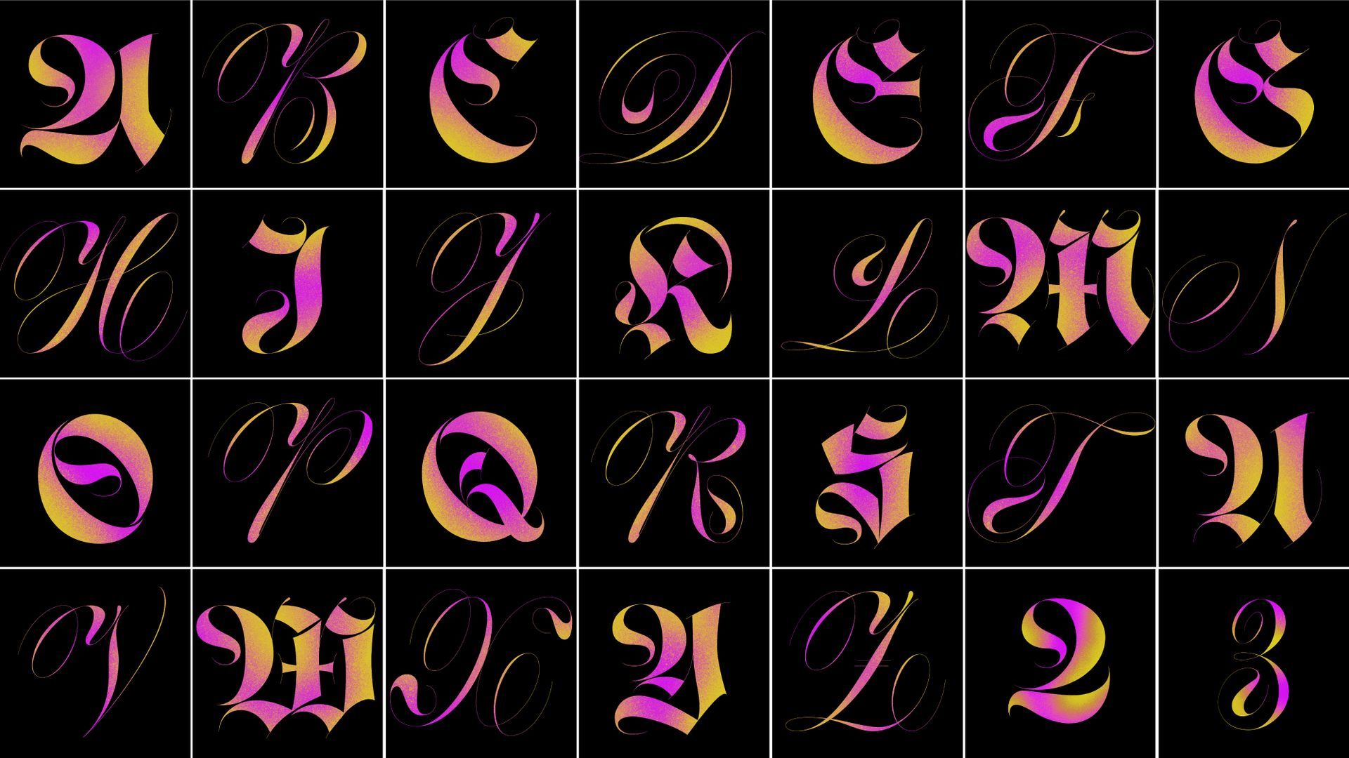 Grid of ornate gold, pink, and purple gothic-style letters on a black background.