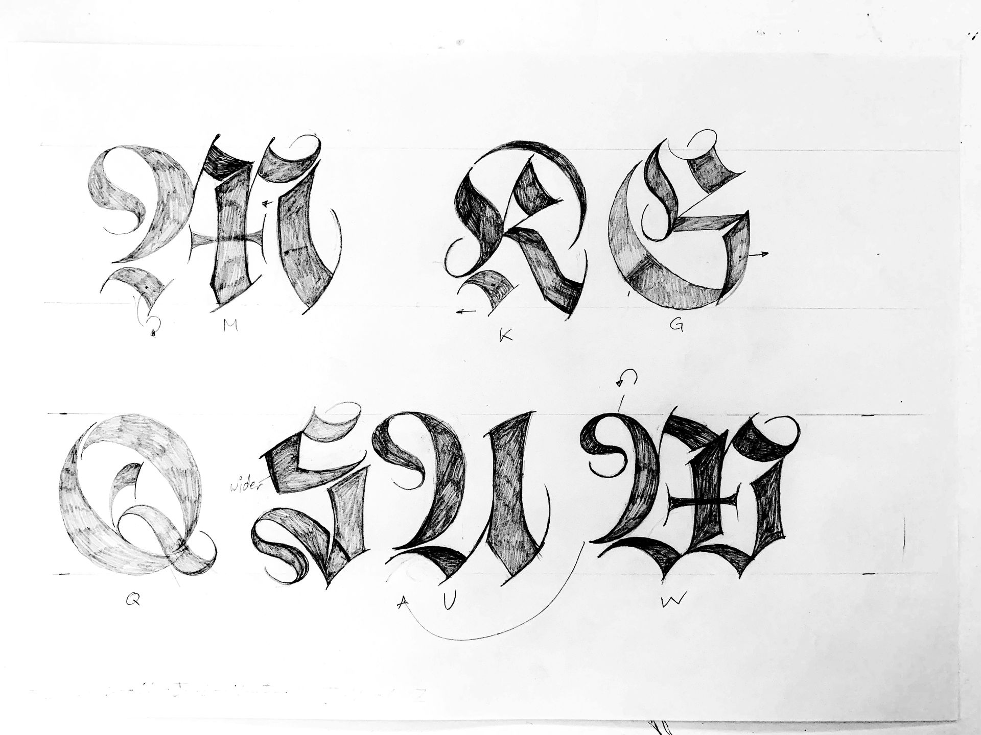 Blackletter-style alphabet letters in grayscale, arranged in two rows on a white background.