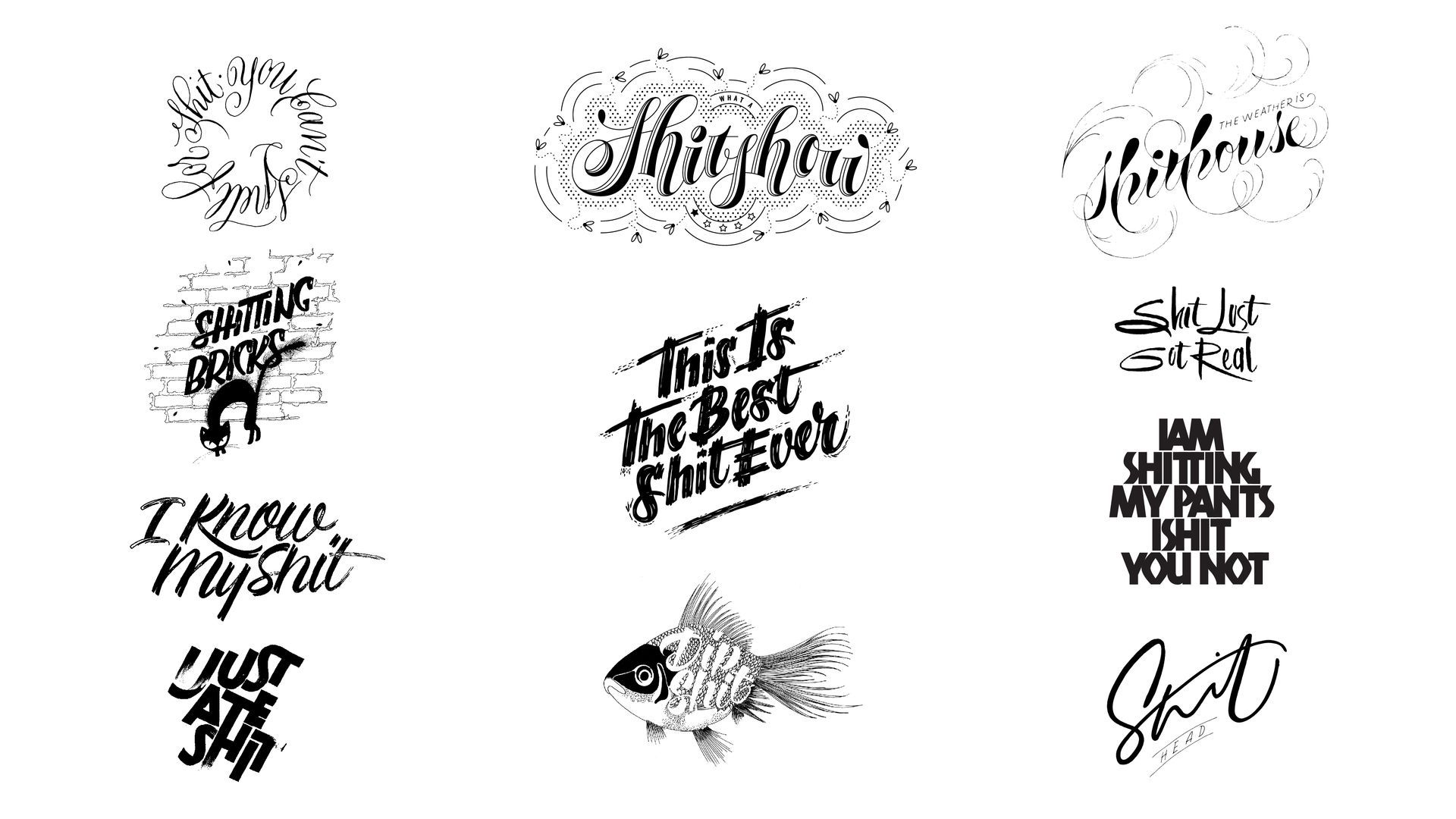 Collage of black gothic and script typography logos on a white background