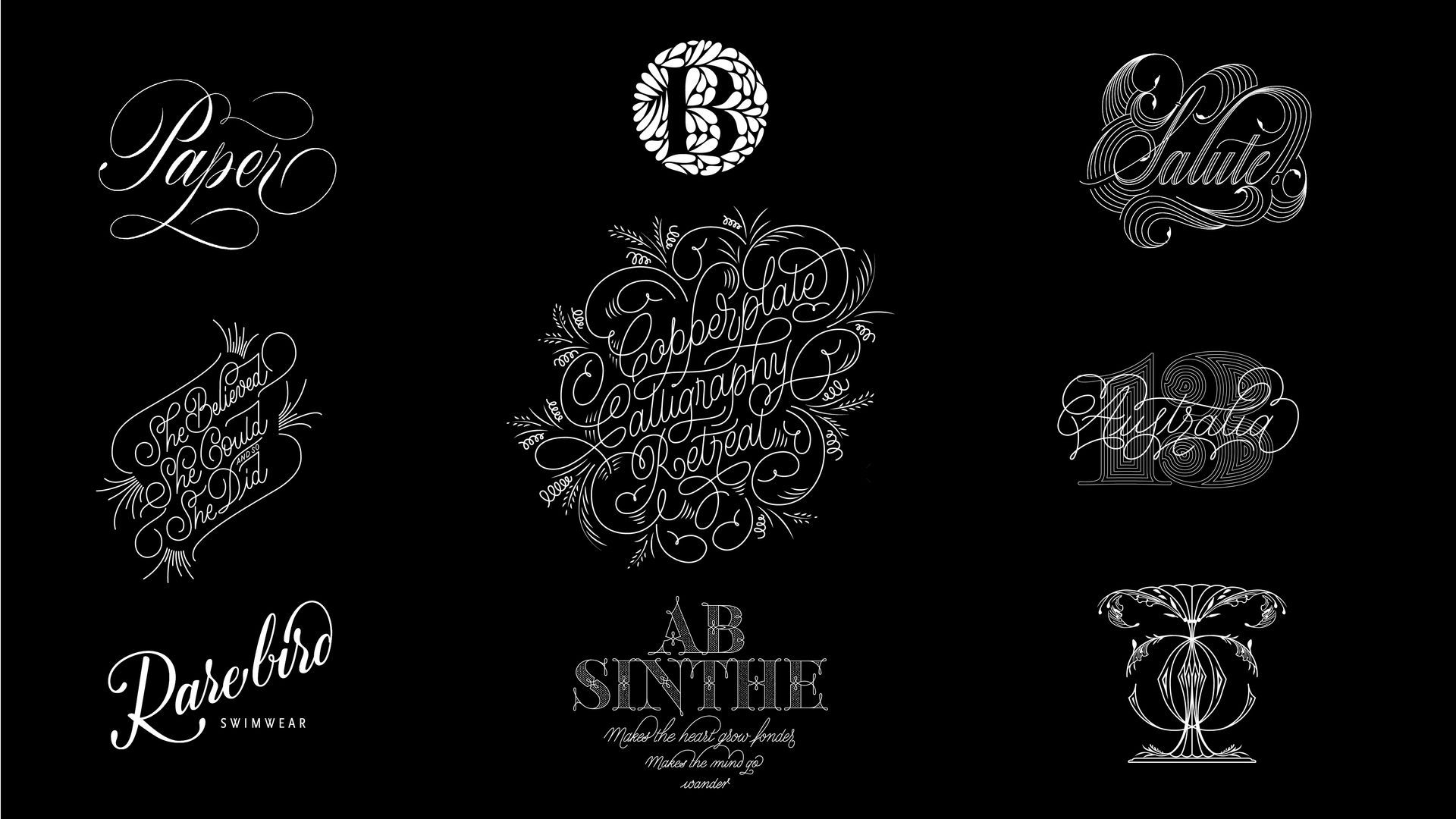 Black background with multiple white ornate brand-style logos and monograms arranged in a collage.