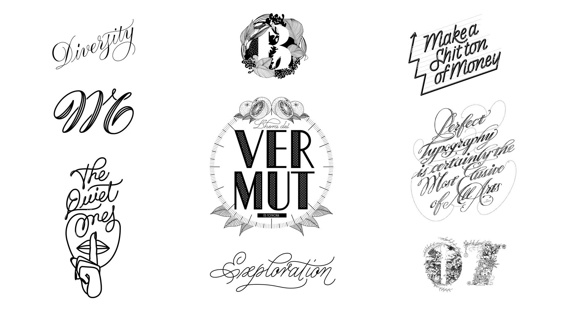 Collage of black-and-white decorative typography and script lettering on a white background.