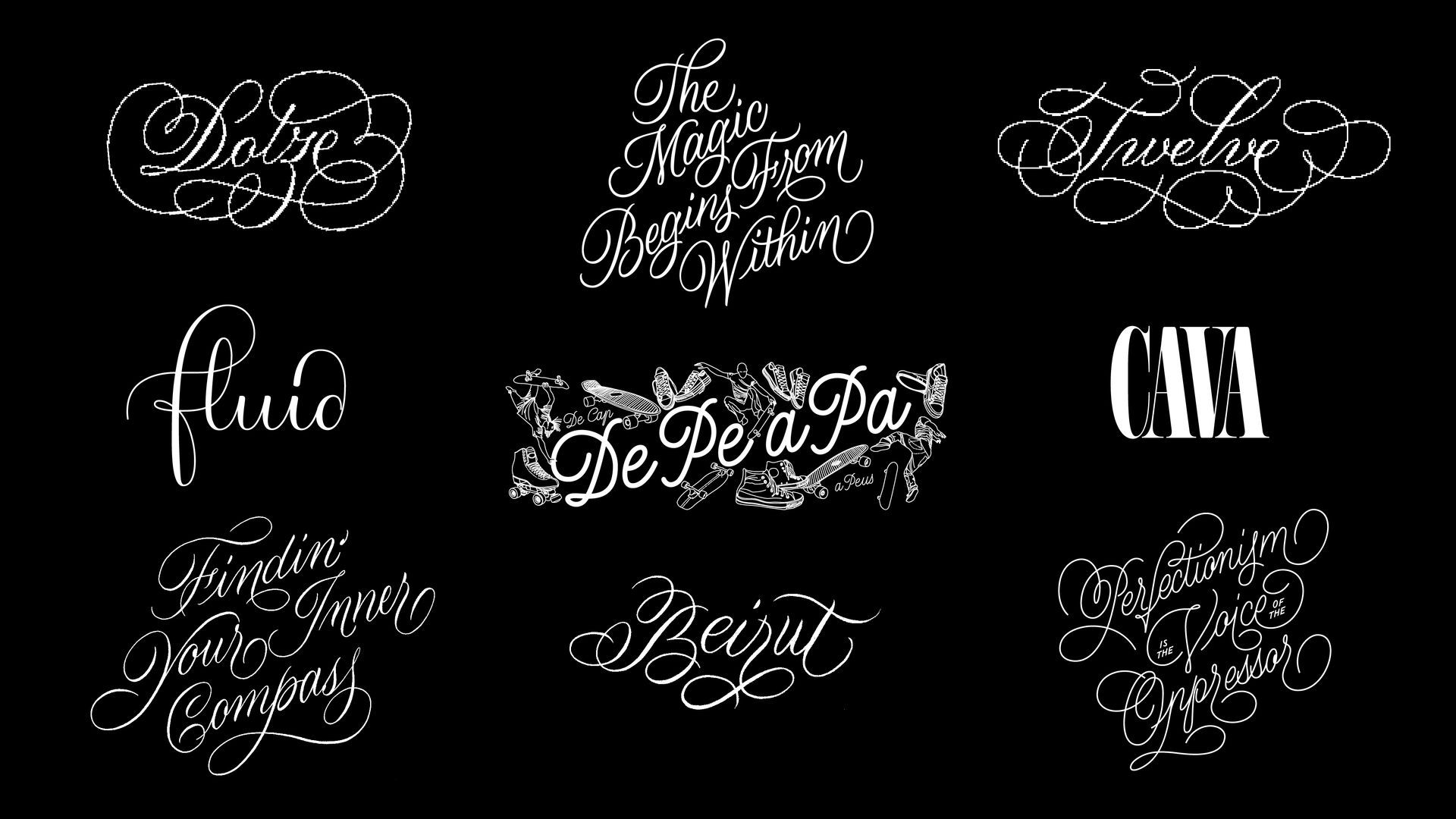 Black background with a collage of ornate white calligraphy and decorative script words.