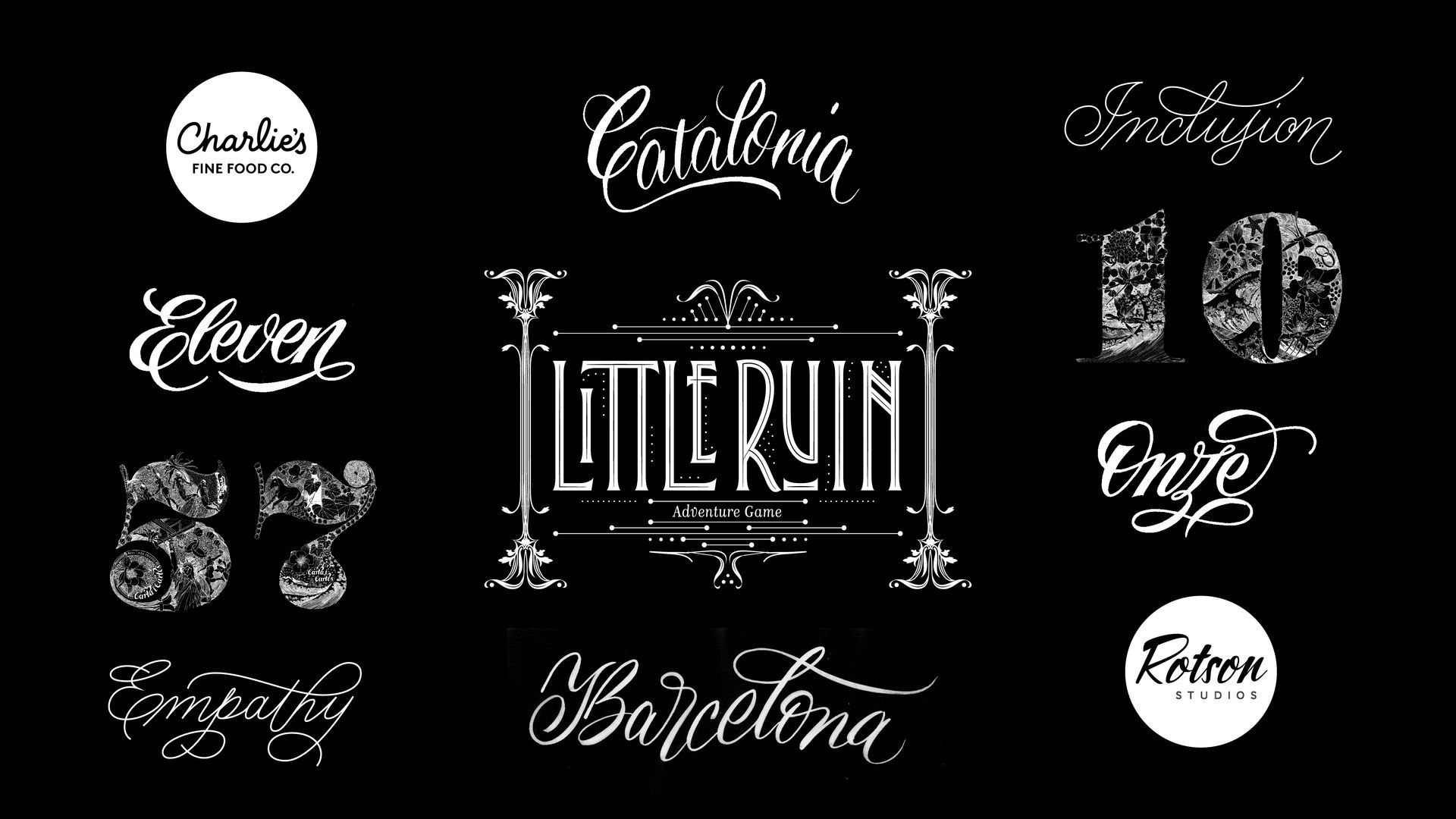 Black-and-white collage of decorative script logos and typography designs on a black background