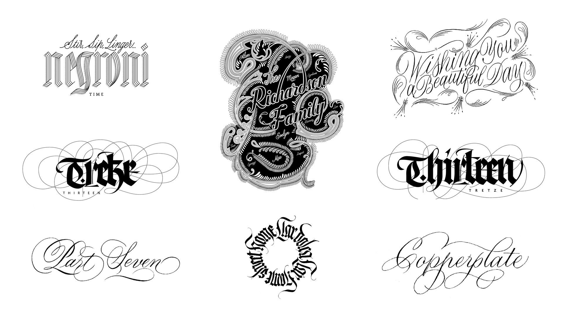 Blackletter and ornate script samples arranged in a collage on a light background