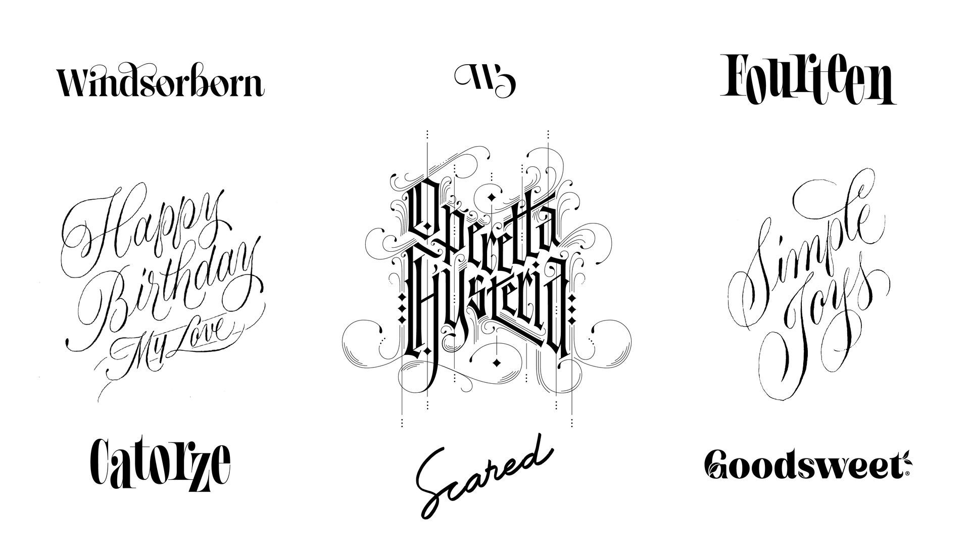 White background with six black decorative typography logo designs arranged in a 2x3 grid.