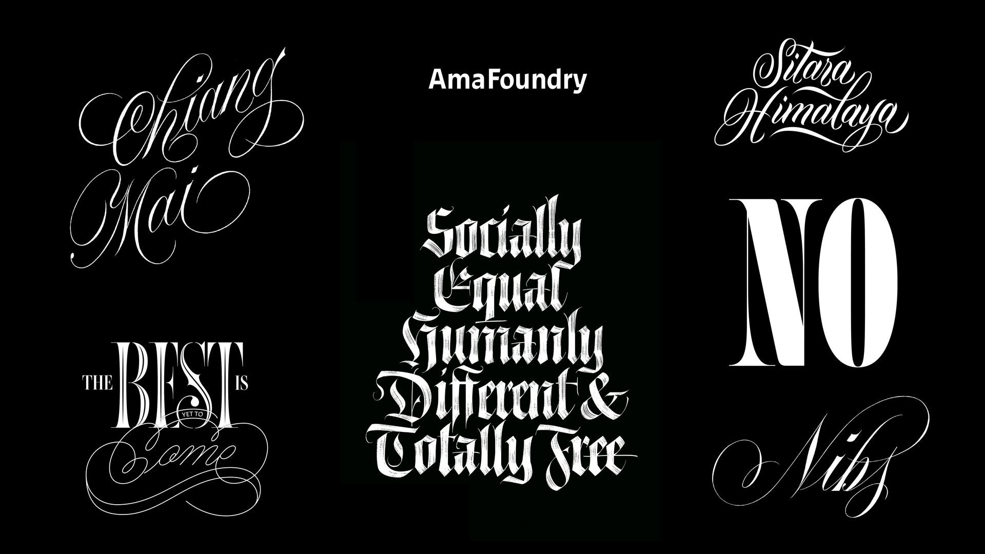 Black background with white decorative typography quotes and words arranged in four sections.
