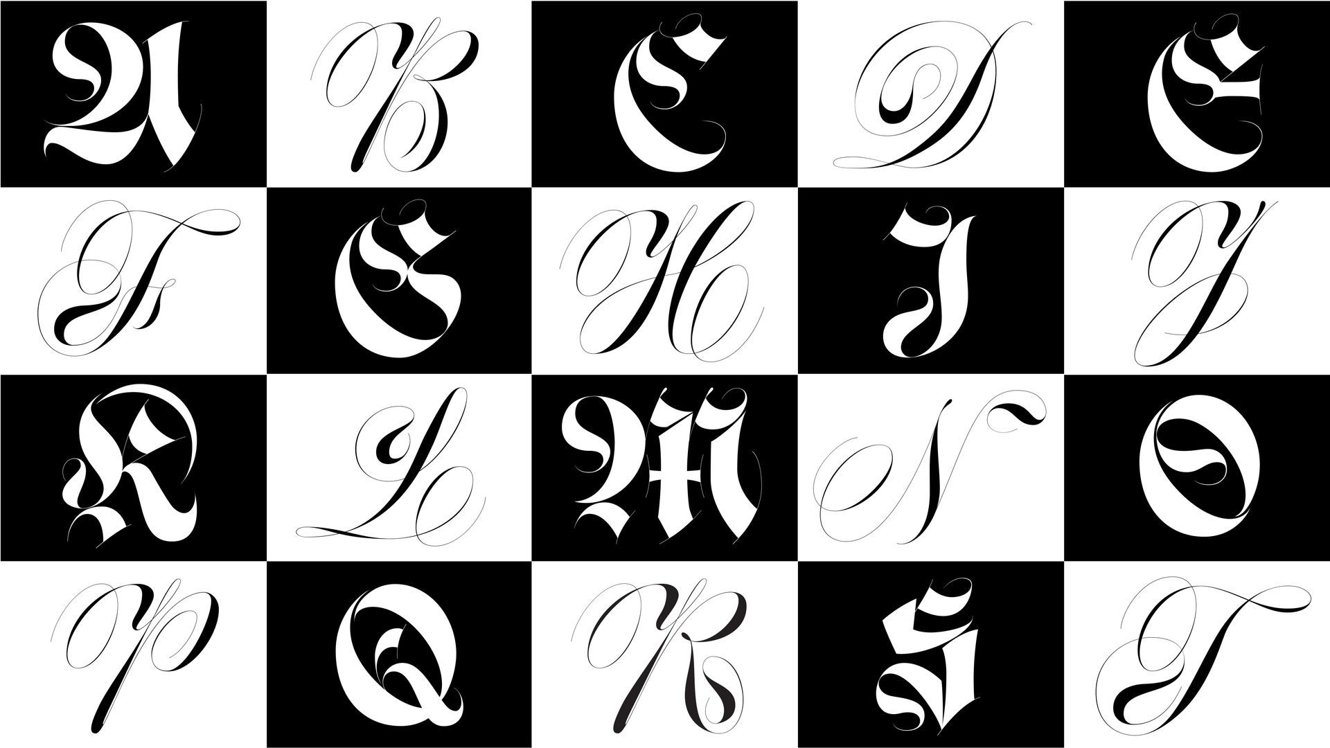 Black-and-white grid of decorative Gothic-style letter icons on alternating light and dark squares