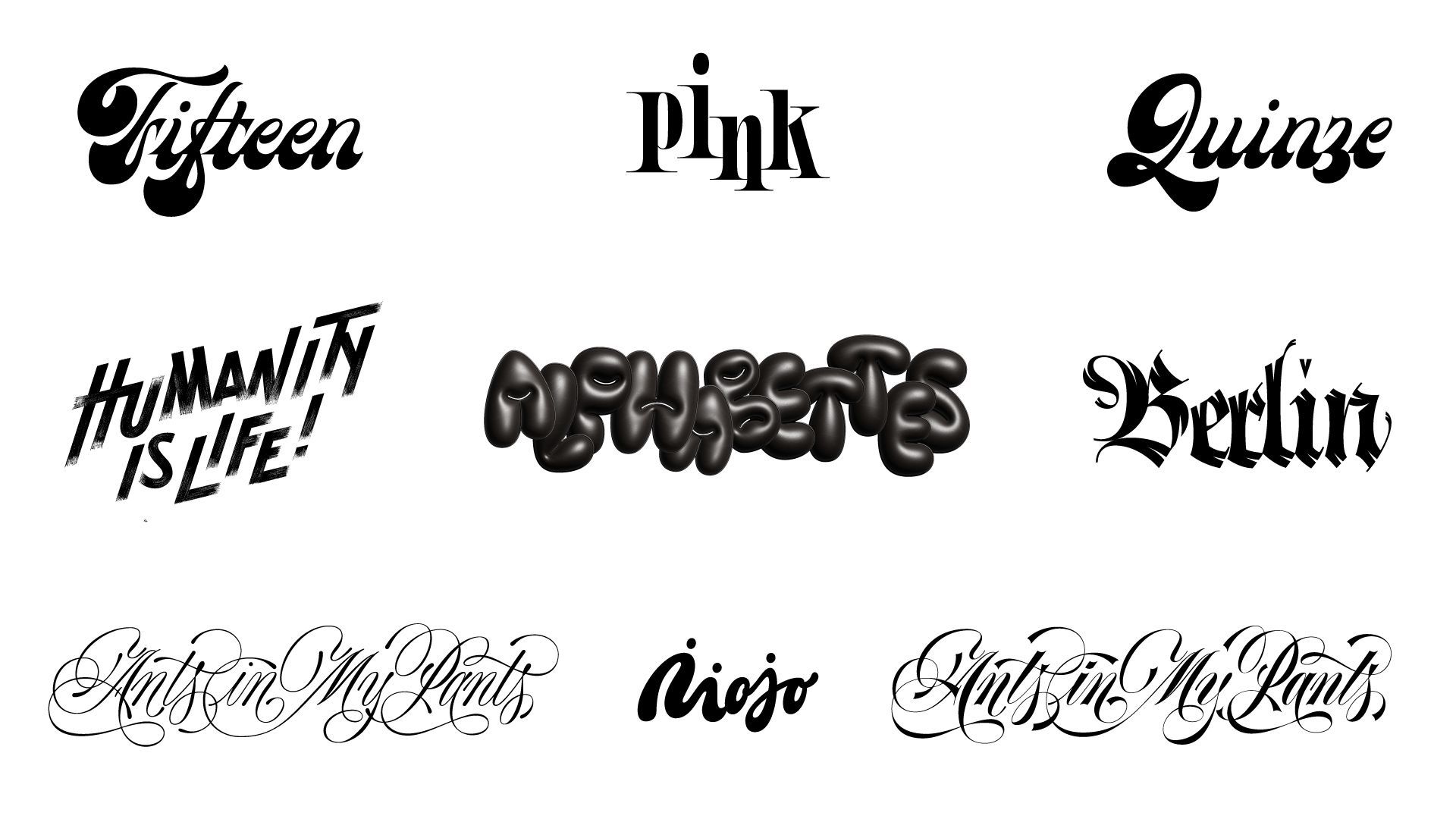 Collage of stylized black-and-white word logos on a white background, including “Fifteen,” “Pink,” and “Berlin.”