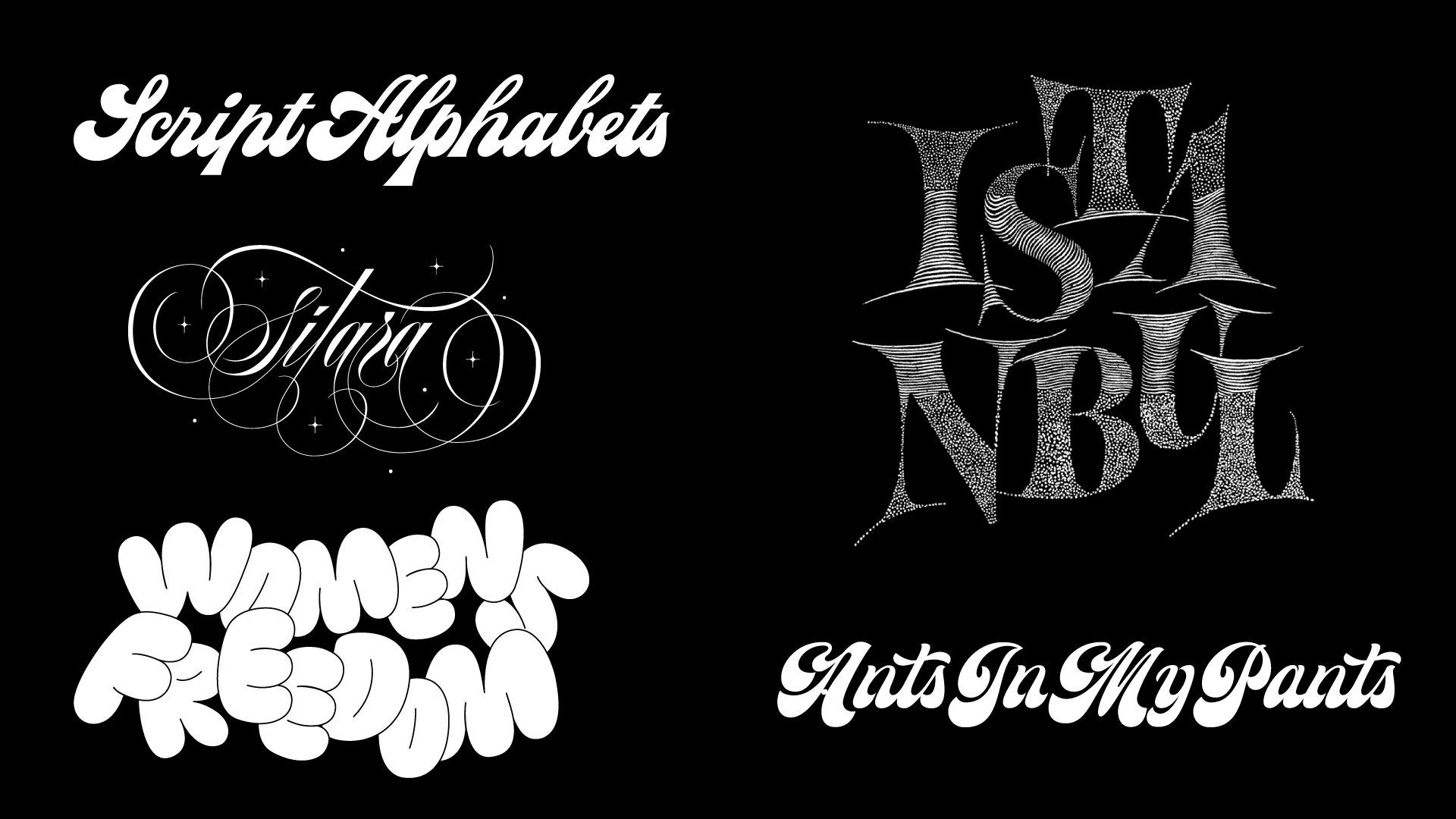 Collage of white stylized script typography and graffiti-like lettering on a black background
