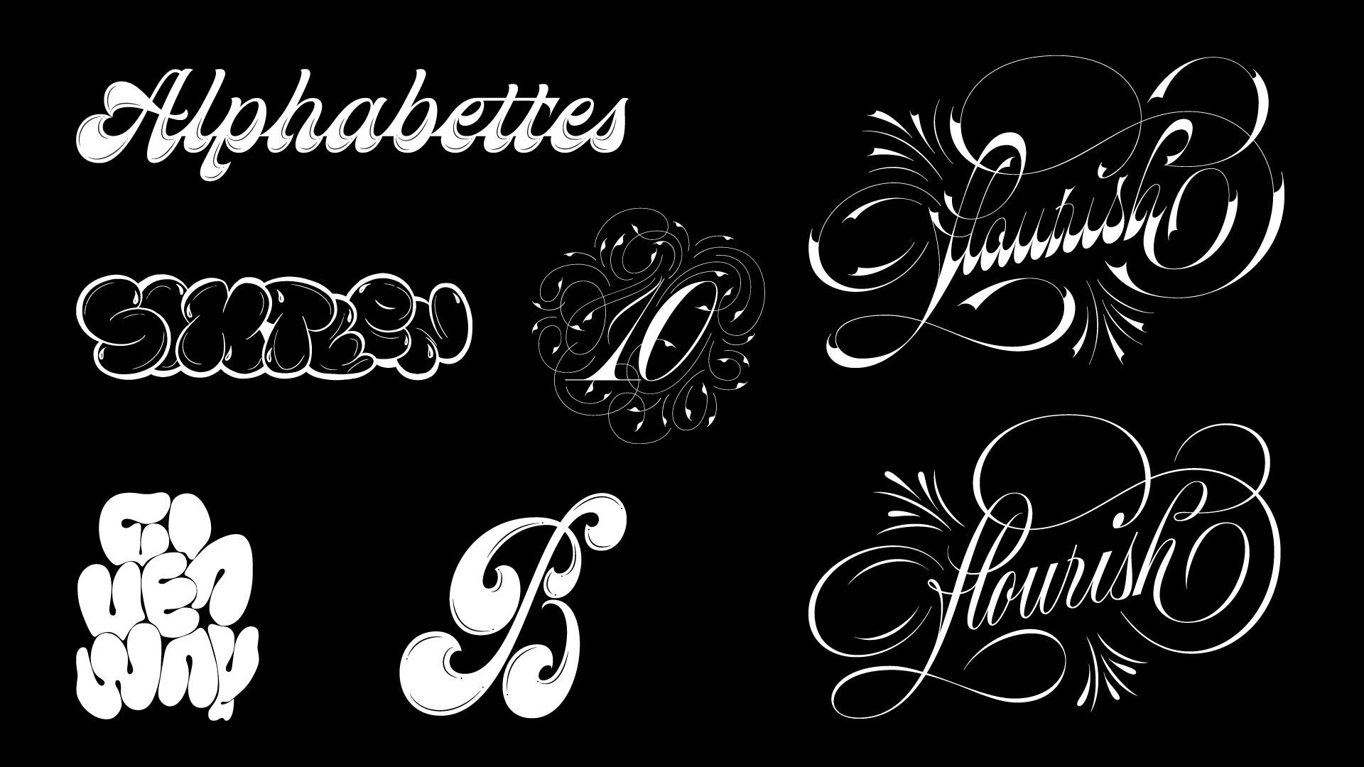 Collage of ornate white cursive alphabet letters on a black background