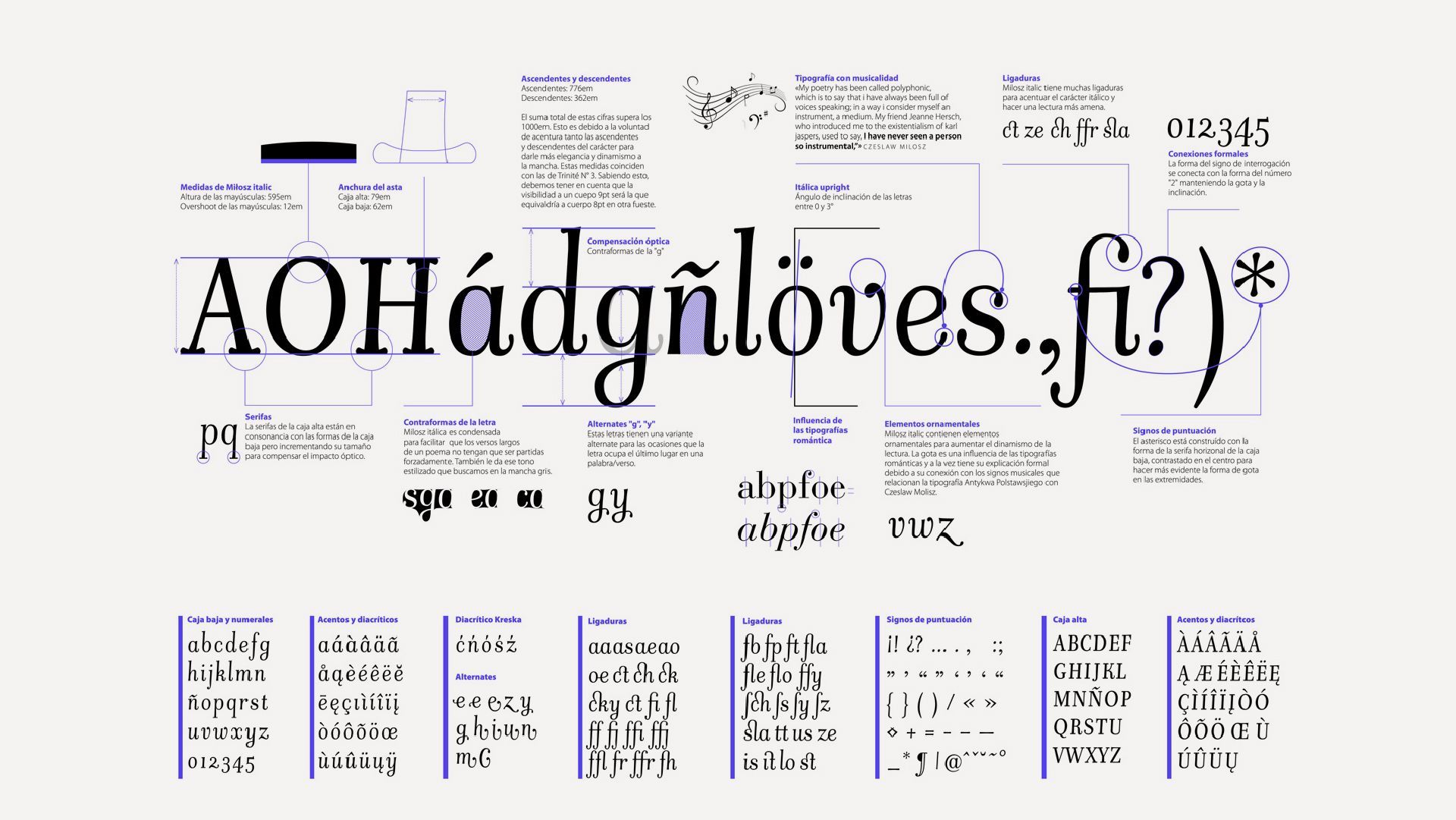 A typographic anatomy chart showing letterforms, symbols, and annotations detailing their construction on a white background.