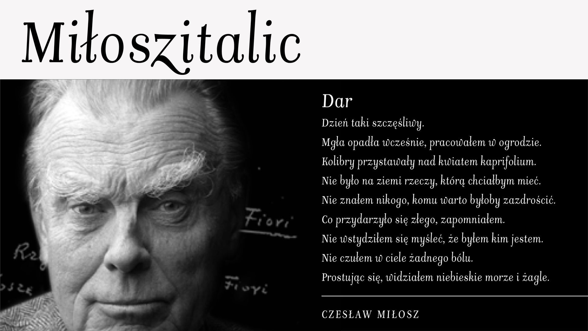 Black-and-white portrait of an elderly man beside the title “Mitoszitalic” and a block of text.