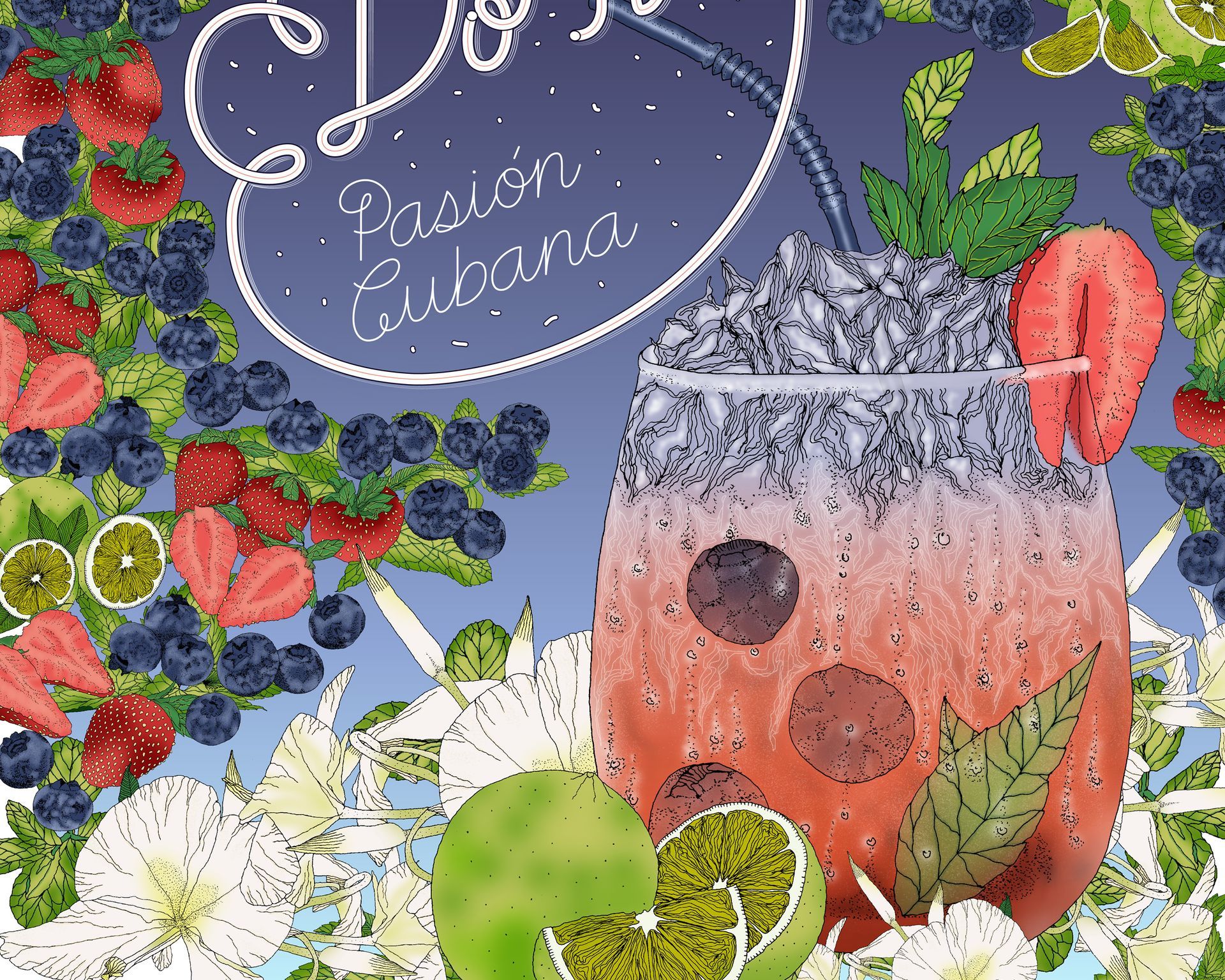 Colorful fruit mocktail with blueberries, limes, strawberries, and mint on a lavender background with “Passion Colada” text