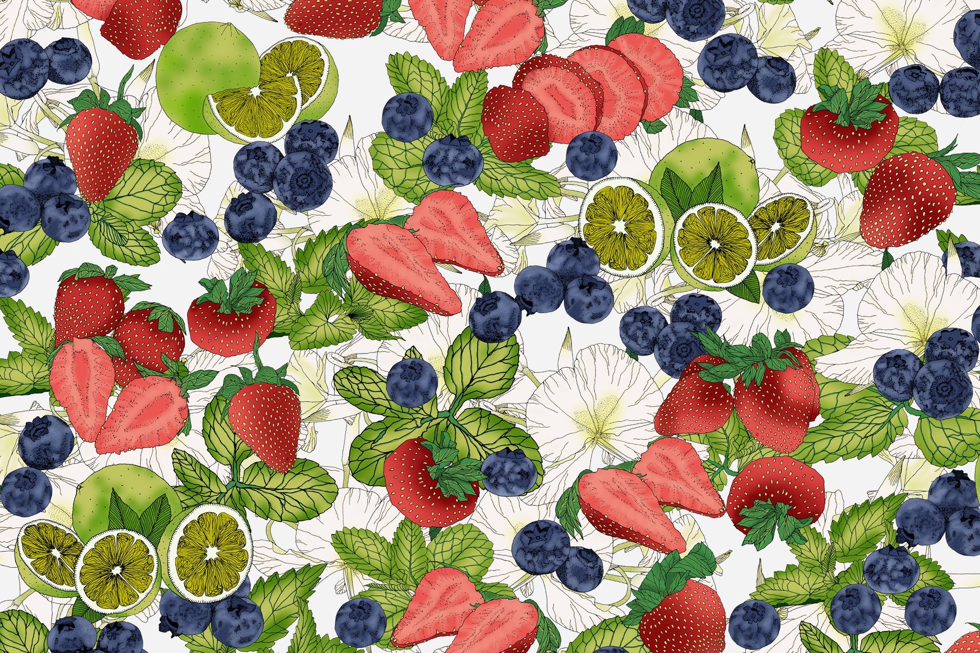 Mixed strawberries, blueberries, blackberries, kiwi slices, and watermelon on a white background