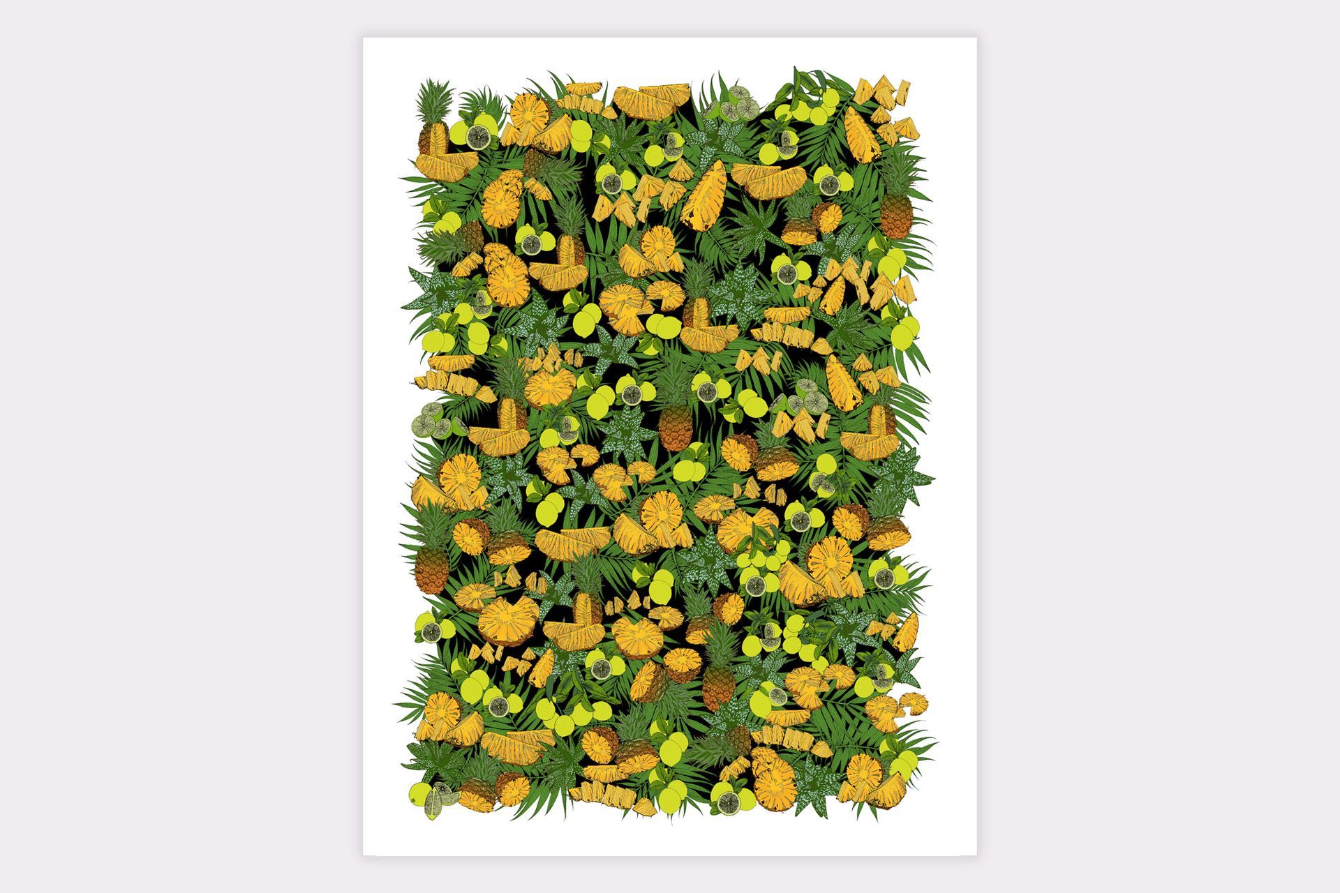 Dense green foliage with small yellow pineapples arranged in a rectangular panel.