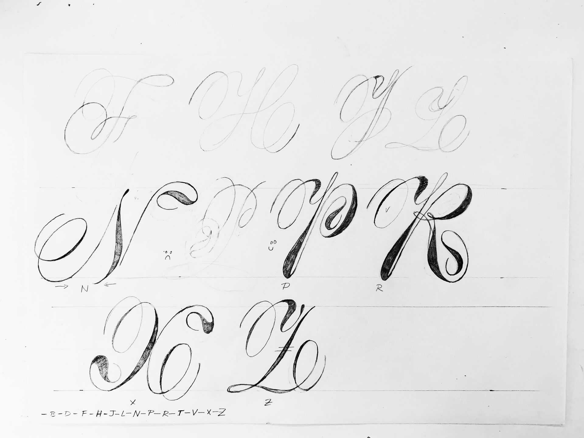 Calligraphy practice sheet with ornate cursive letters and swashes in black on white paper