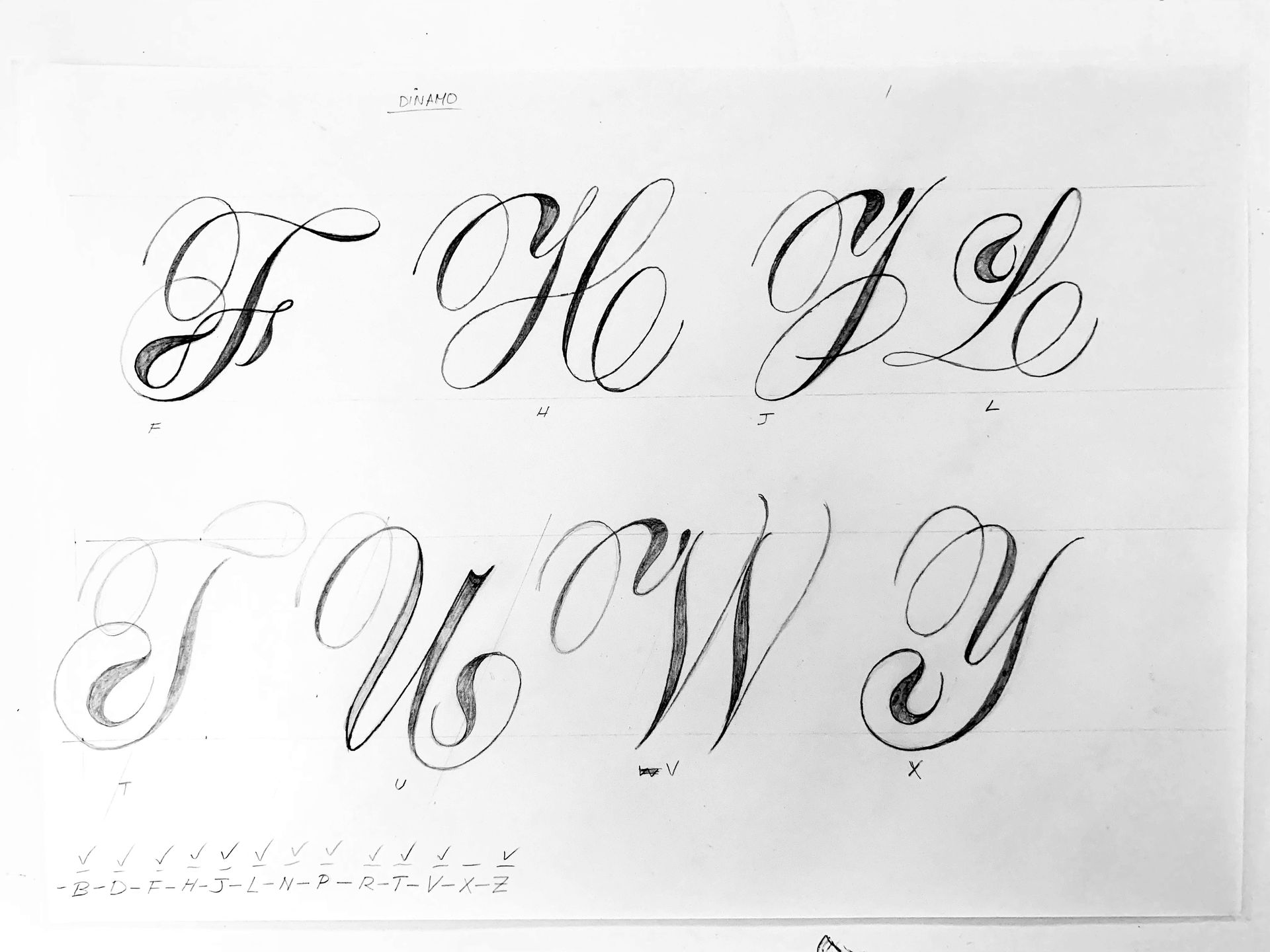 Black-and-white sheet showing decorative cursive alphabet letters and symbols in two rows