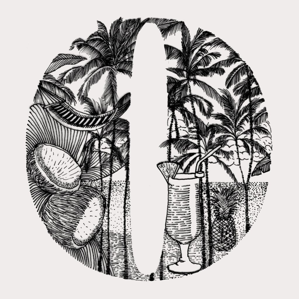 Black-and-white tropical illustration with palm trees and coconuts inside a circular frame