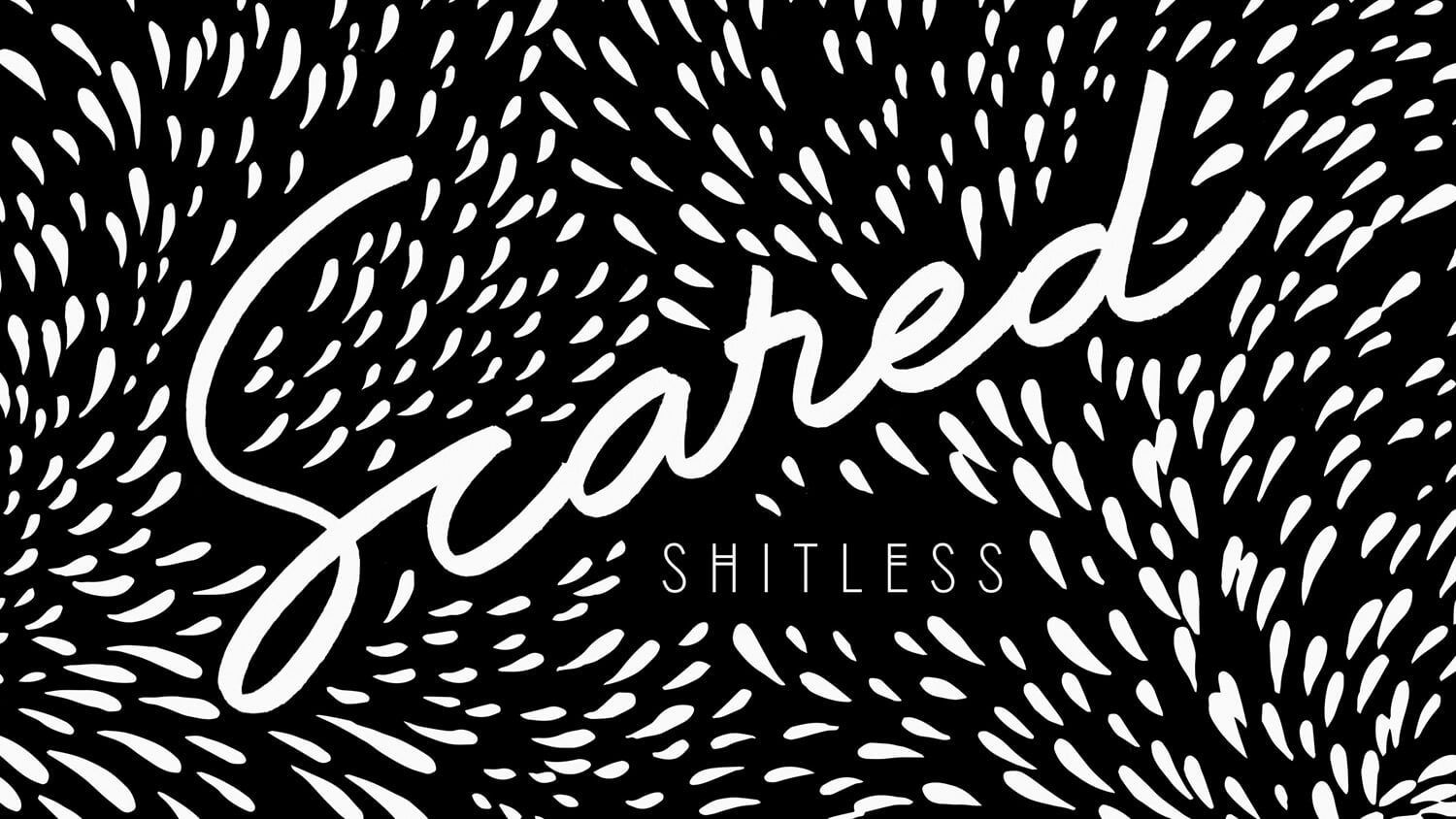 Stylized white script reading “Shared” over a black background with scattered white leaf-like shapes