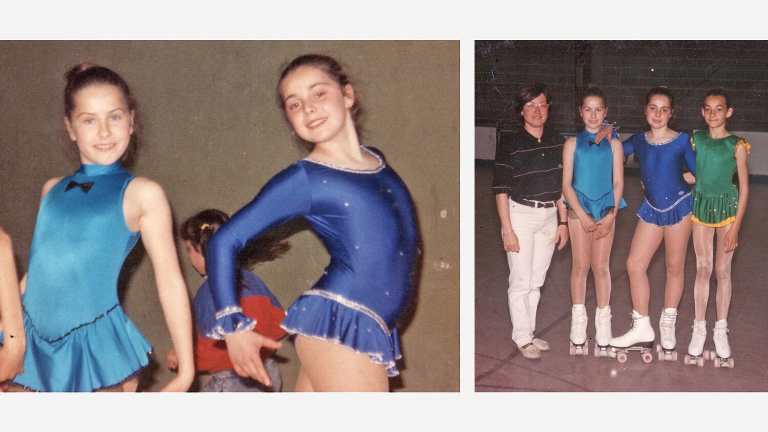 Four gymnasts including Maria Montes in blue and green leotards pose onstage, with two close-up portraits beside a group photo.