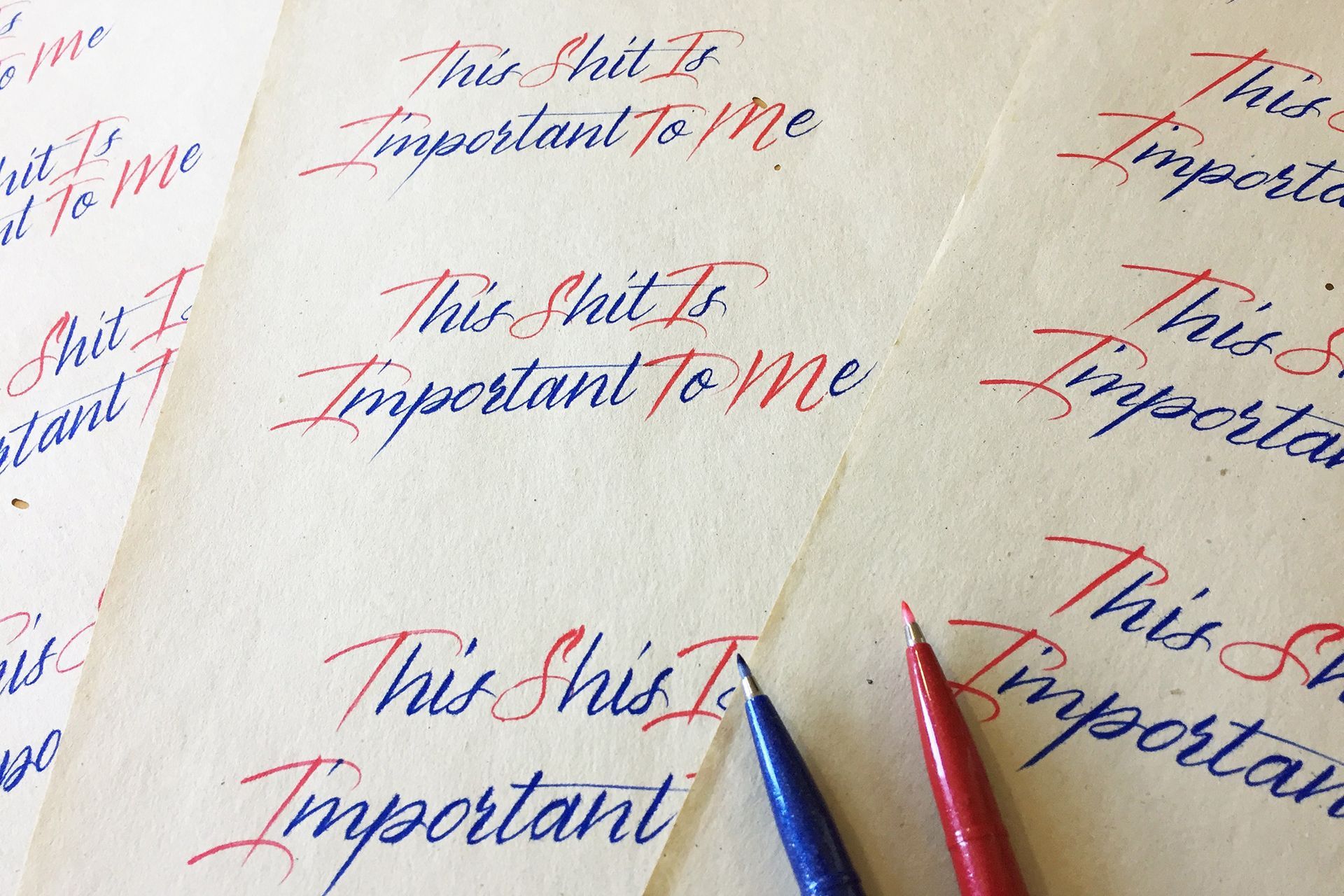 Close-up of a page filled with the handwritten phrase 