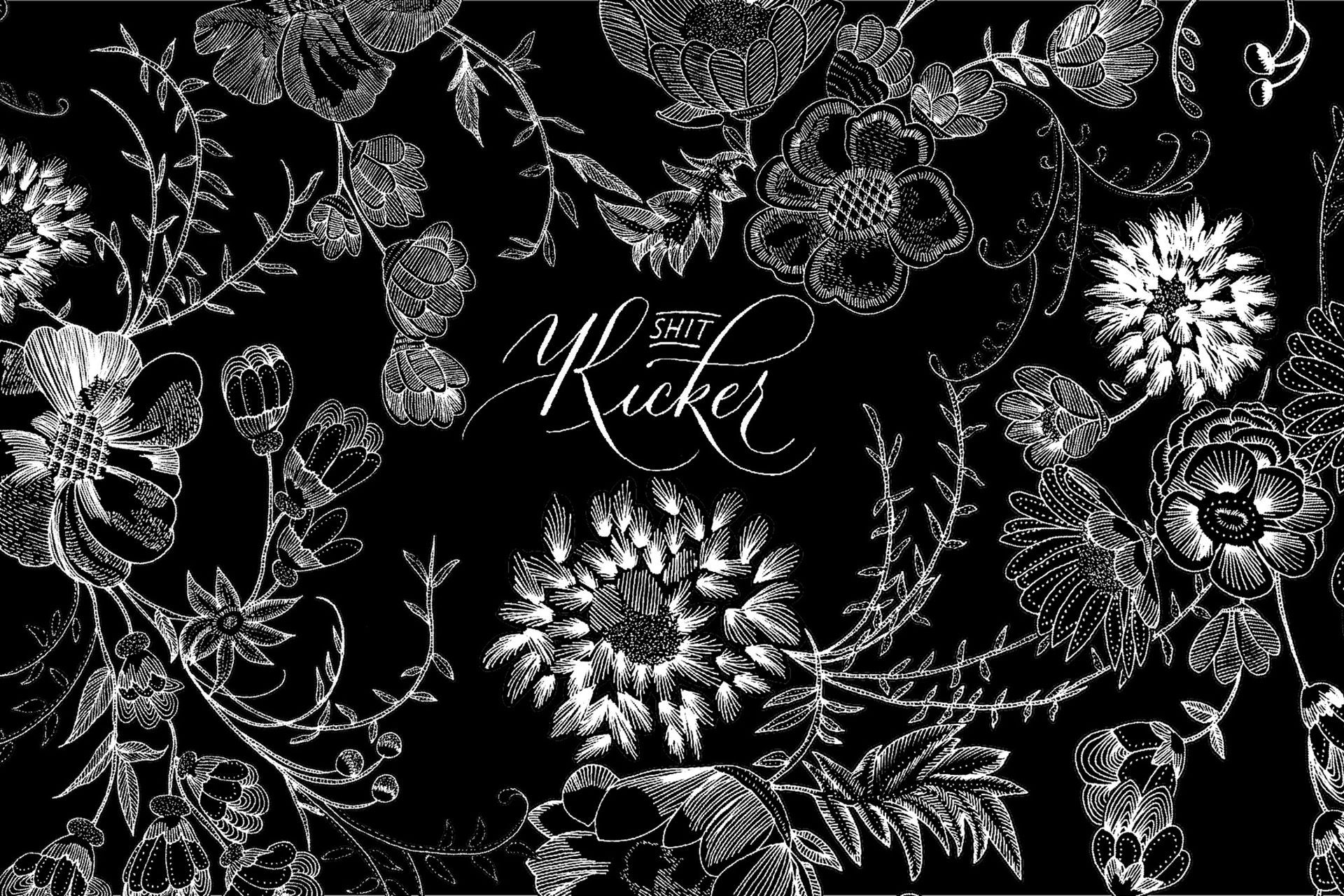 A black background featuring white, intricate botanical line drawings of flowers and vines, with the word