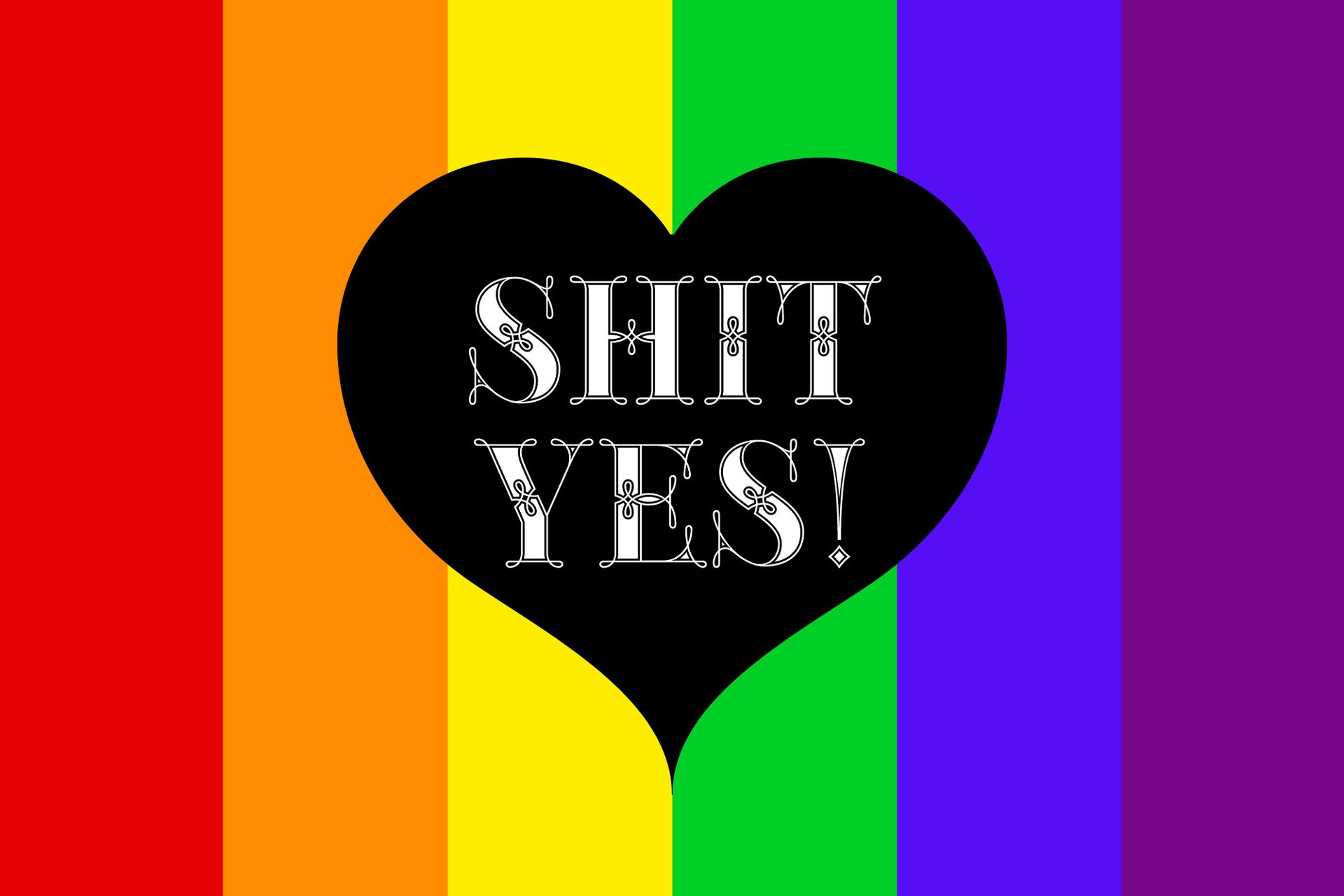 A rainbow pride flag background featuring a black heart in the center with the white, stylized text