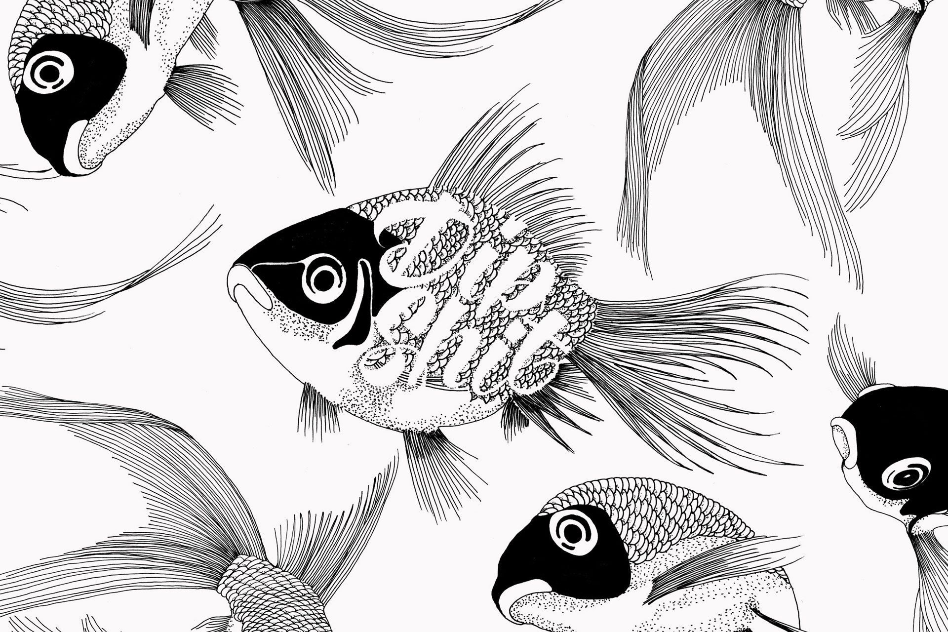 Black-and-white line art pattern featuring stylized fish with textured scales and distinct dark heads on a white background.