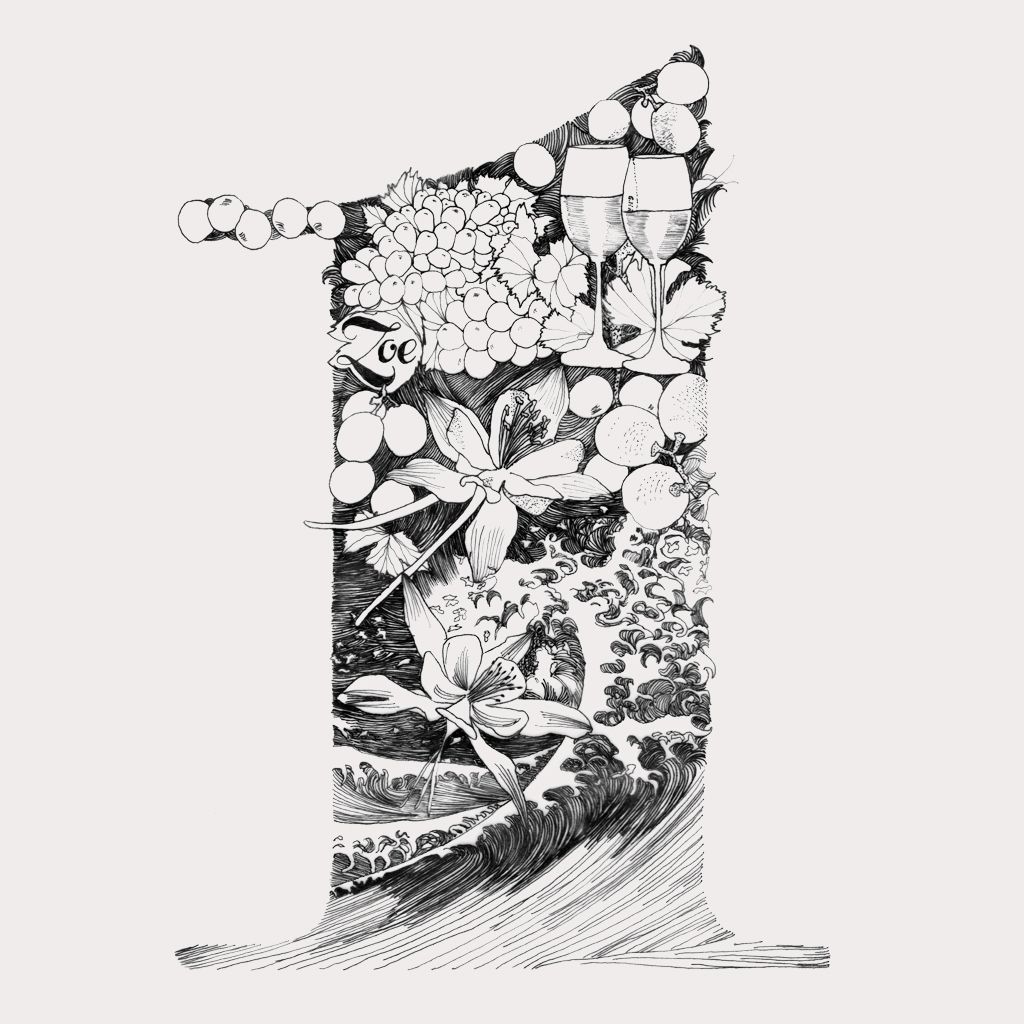 Black-and-white abstract silhouette of a cat filled with collage-like leaves, flowers, and textures