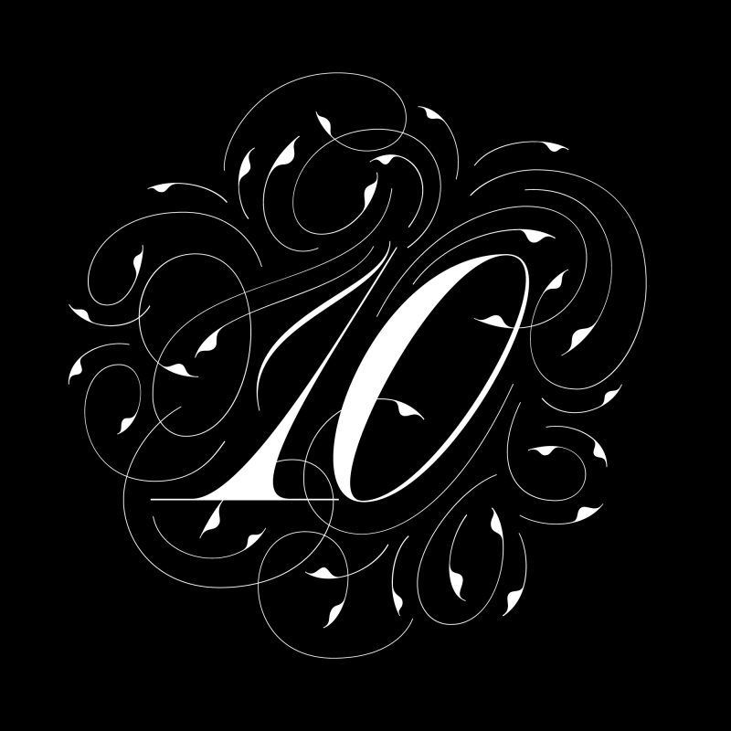 White ornamental calligraphy of the number 10 centered on a solid black background.