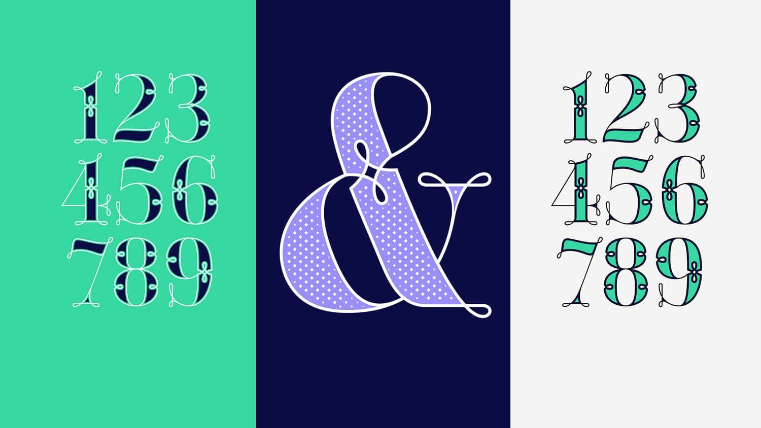 Three-panel graphic with turquoise, navy, and white backgrounds featuring stylized numbers and an ampersand in the center